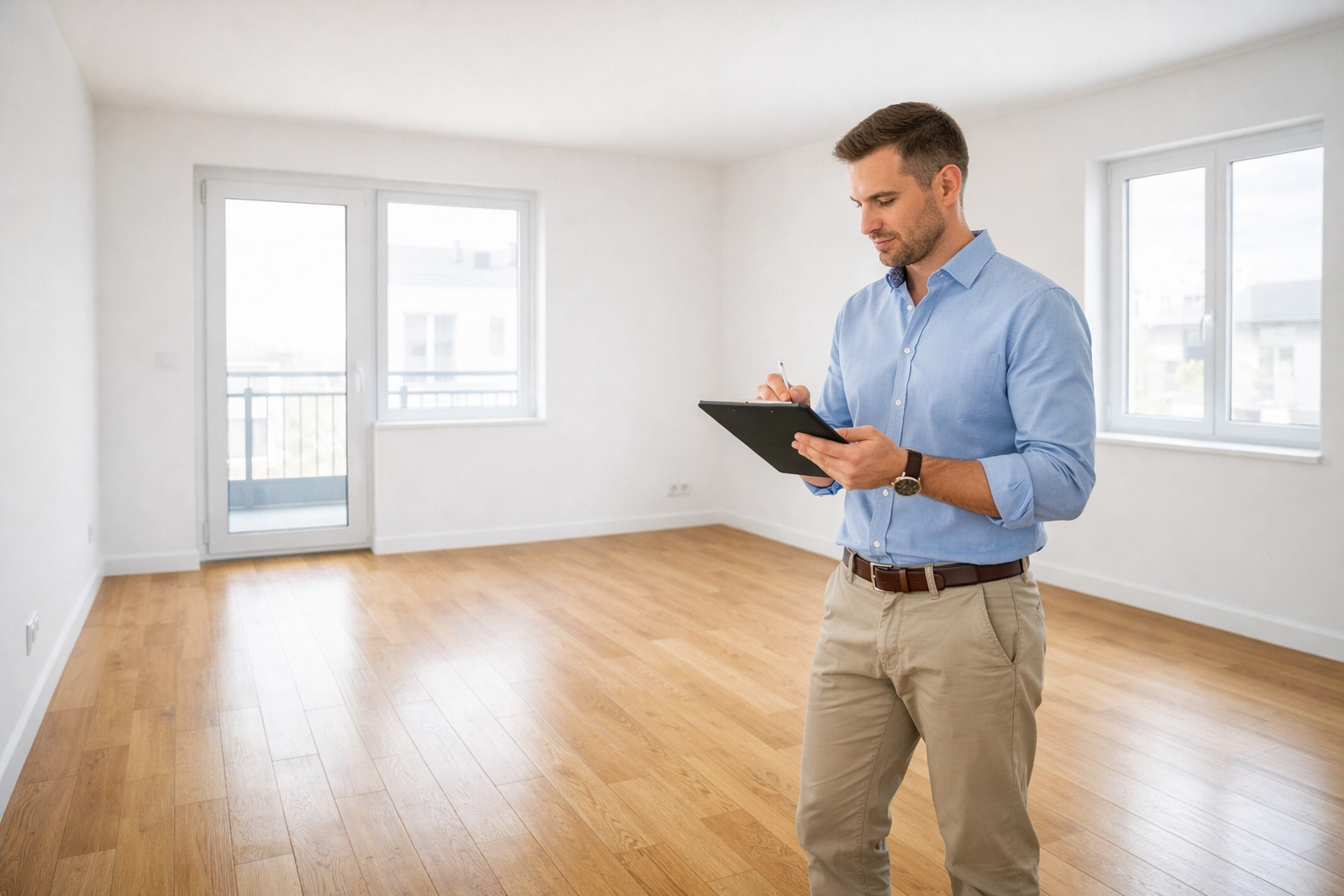 Property manager conducting early apartment inspection with tablet in vacant unit