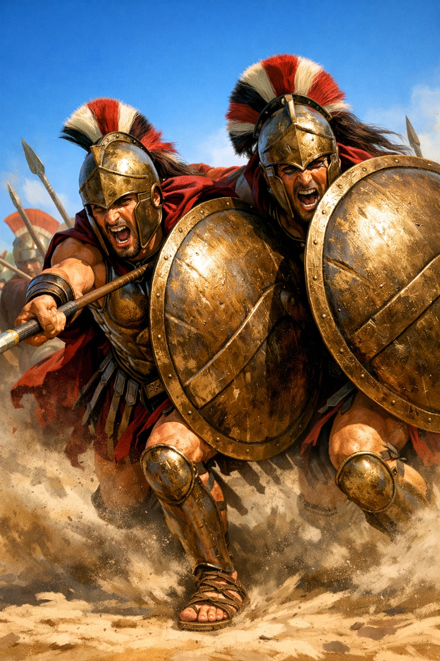 Elite gay warriors of the Sacred Band of Thebes charging into battle with synchronized military precision.