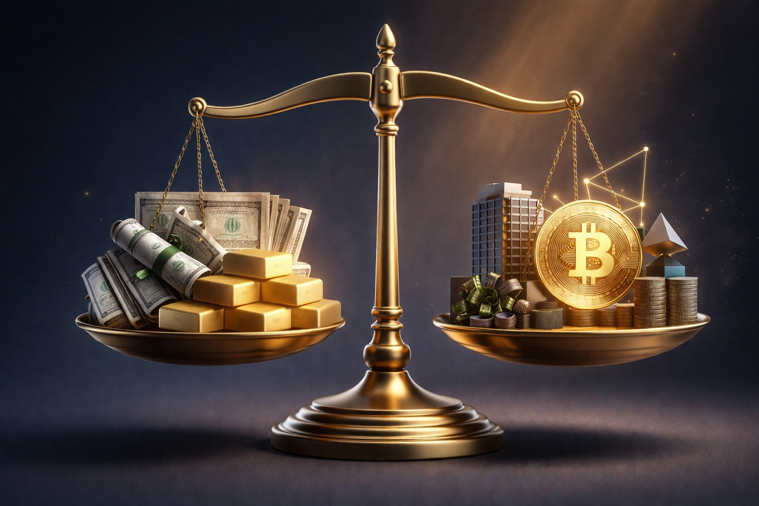 Balanced scale showing traditional assets like gold and bonds alongside alternatives such as real estate, Bitcoin, and private equity, illustrating diversified portfolio strategies for institutional investors