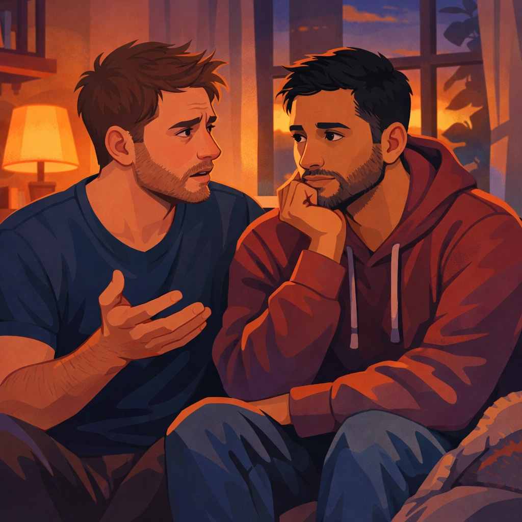 Two men in gay relationship having open conversation about feelings on couch