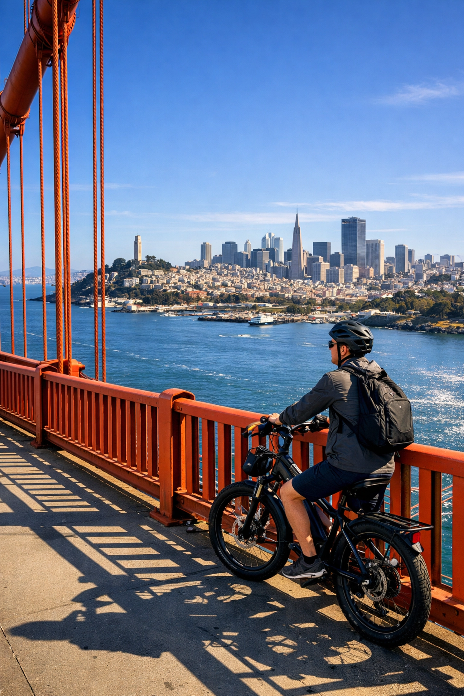 Golden gate bridge bike path with cyclist viewing san francisco skyline and bay waters