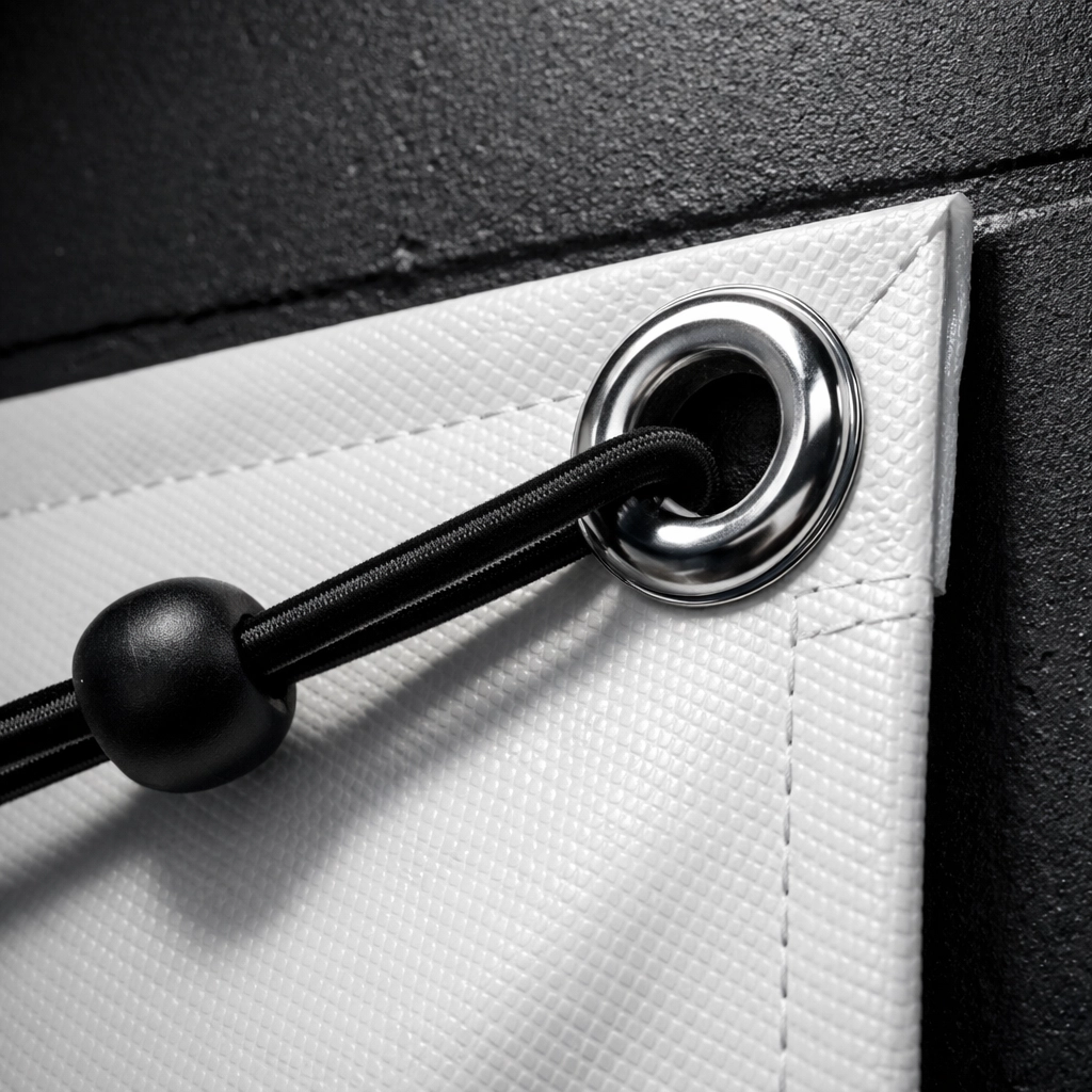 Close-up of a heavy-duty scrim vinyl banner with a metal grommet and bungee cord for proper tension.