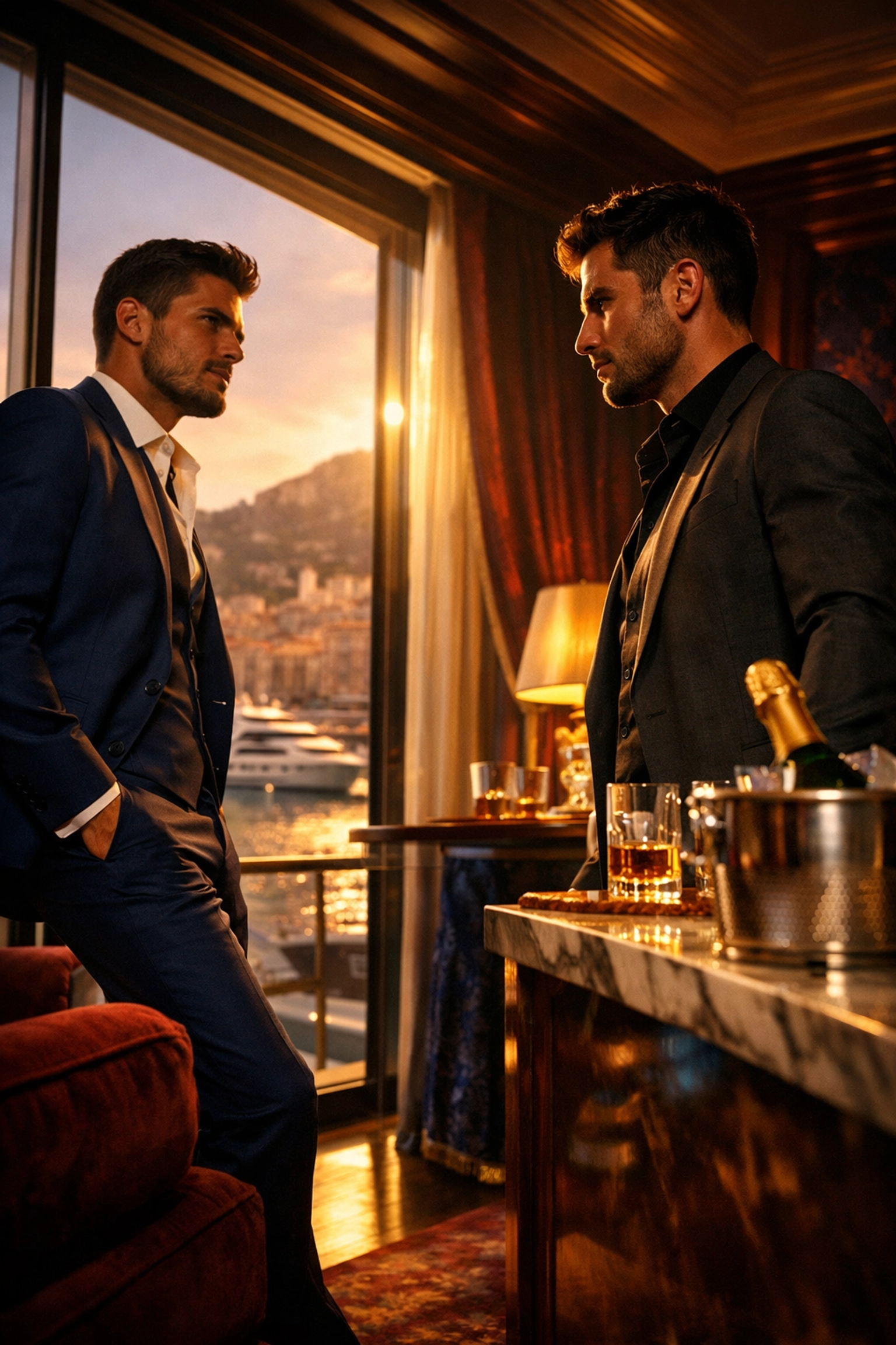 Two rival gay diamond dealers face off in luxury Monaco hotel suite with harbor view