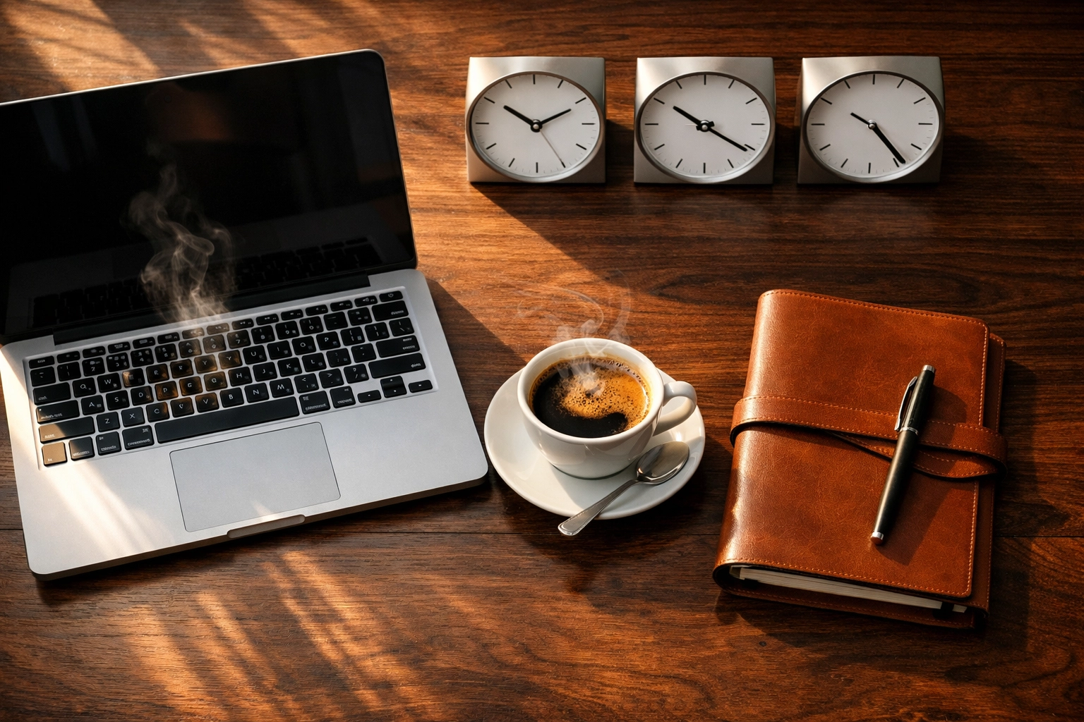 Professional desk setup with clocks and coffee for mastering time management in Raleigh.