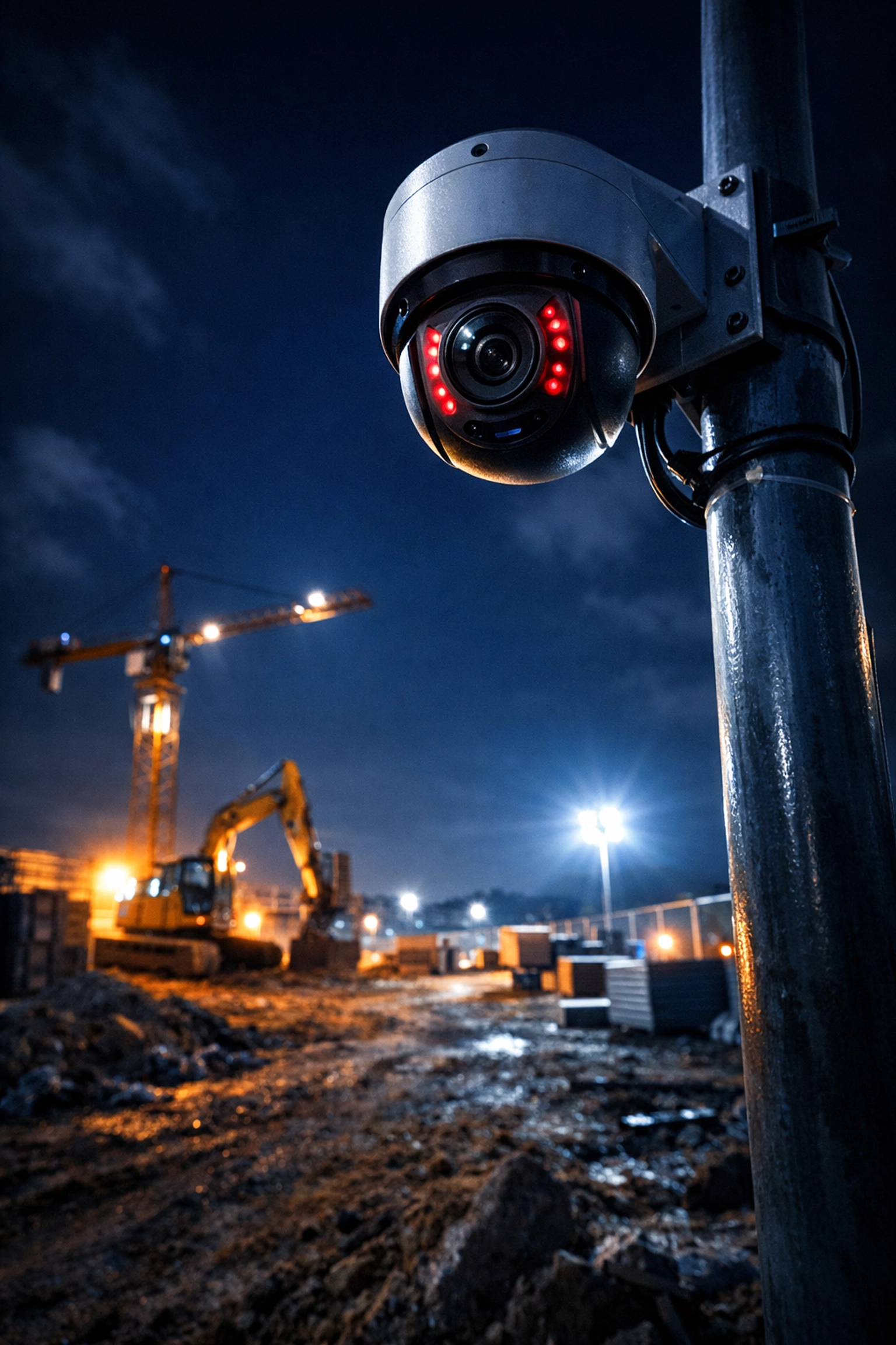 HD security camera monitoring construction site equipment and perimeter with motion-activated lighting