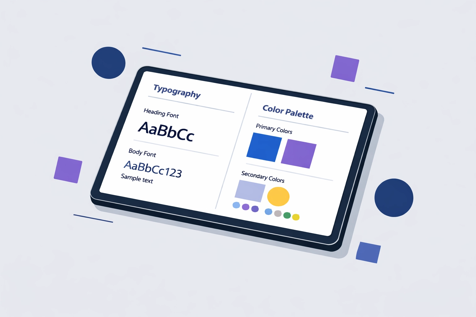 Digital brand manual on a tablet showing typography and color rules for consistent branding services.