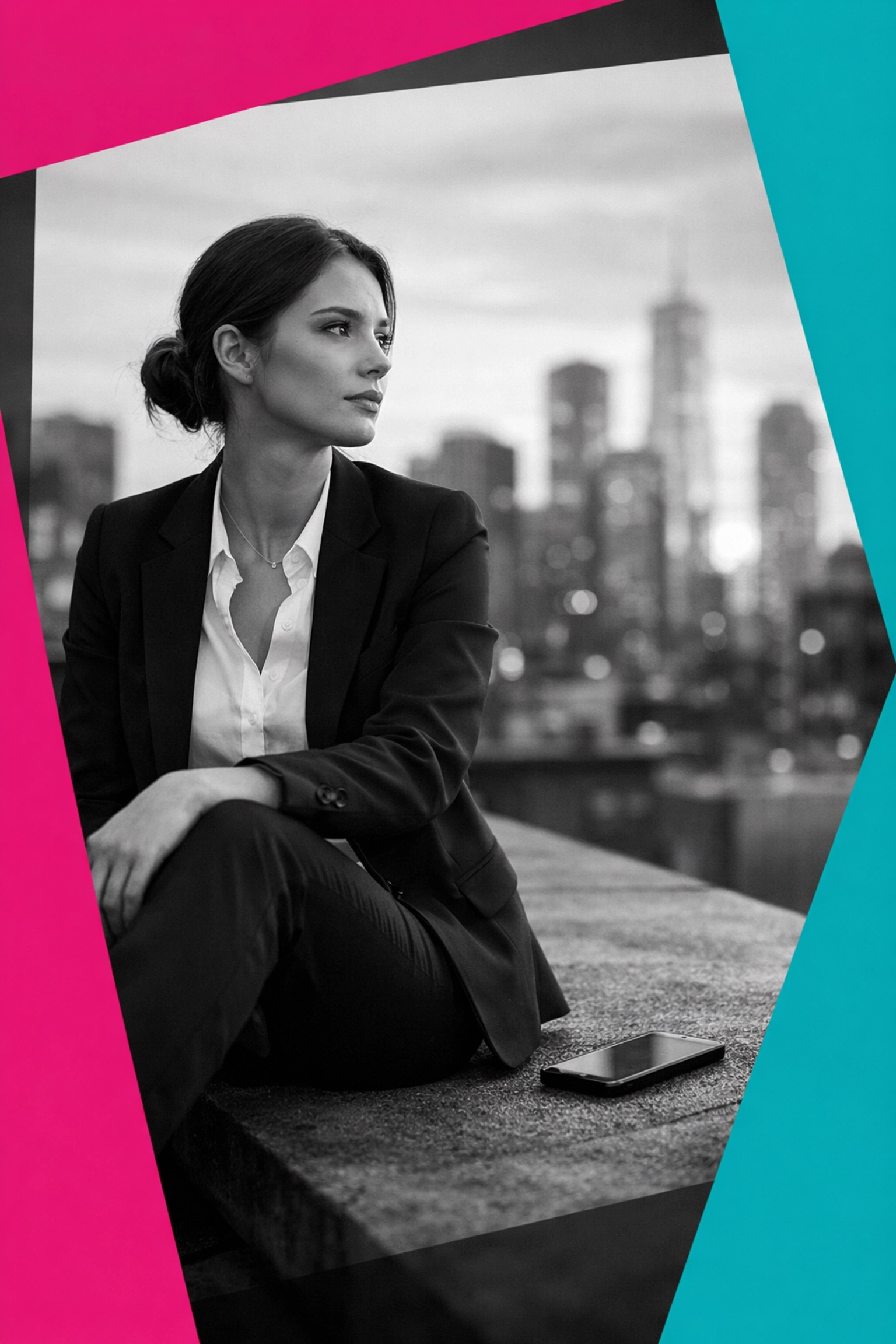 Urban professional woman disconnecting from smartphone on city rooftop at sunset