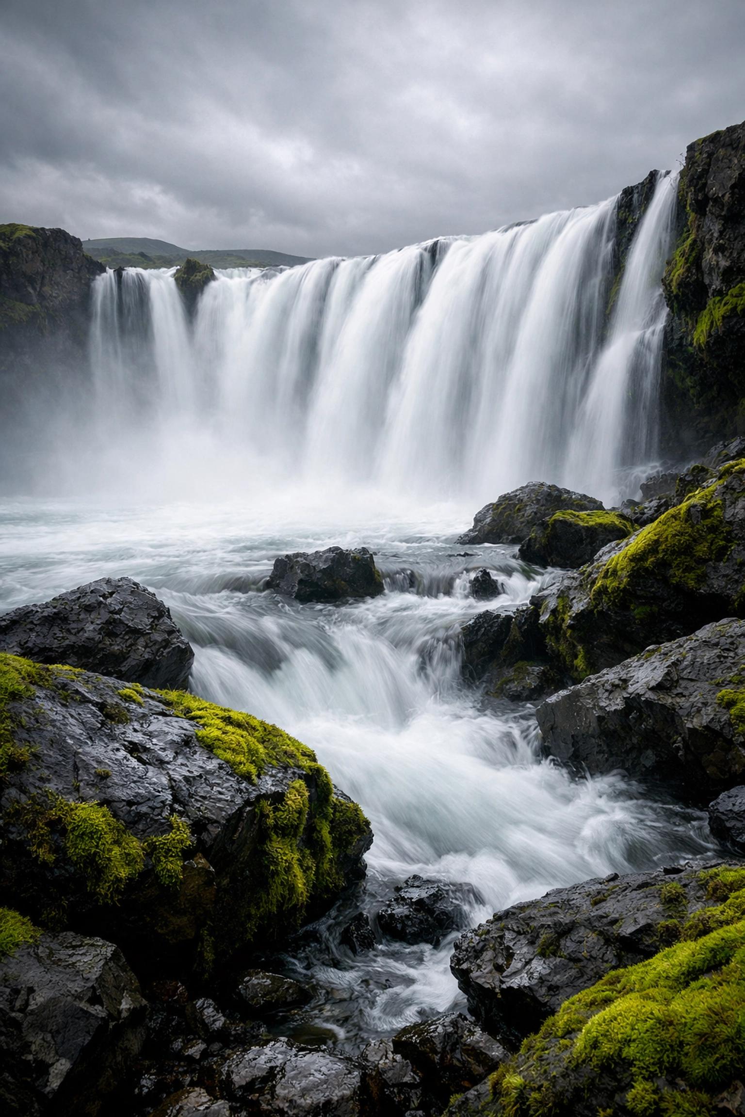 Long exposure waterfall in Iceland showing slow shutter speed effects in landscape photography.