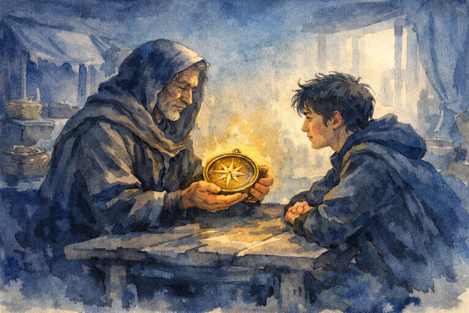 A mentor guiding a protégé with a golden compass of excellence by Dr. Layne McDonald - www.laynemcdonald.com