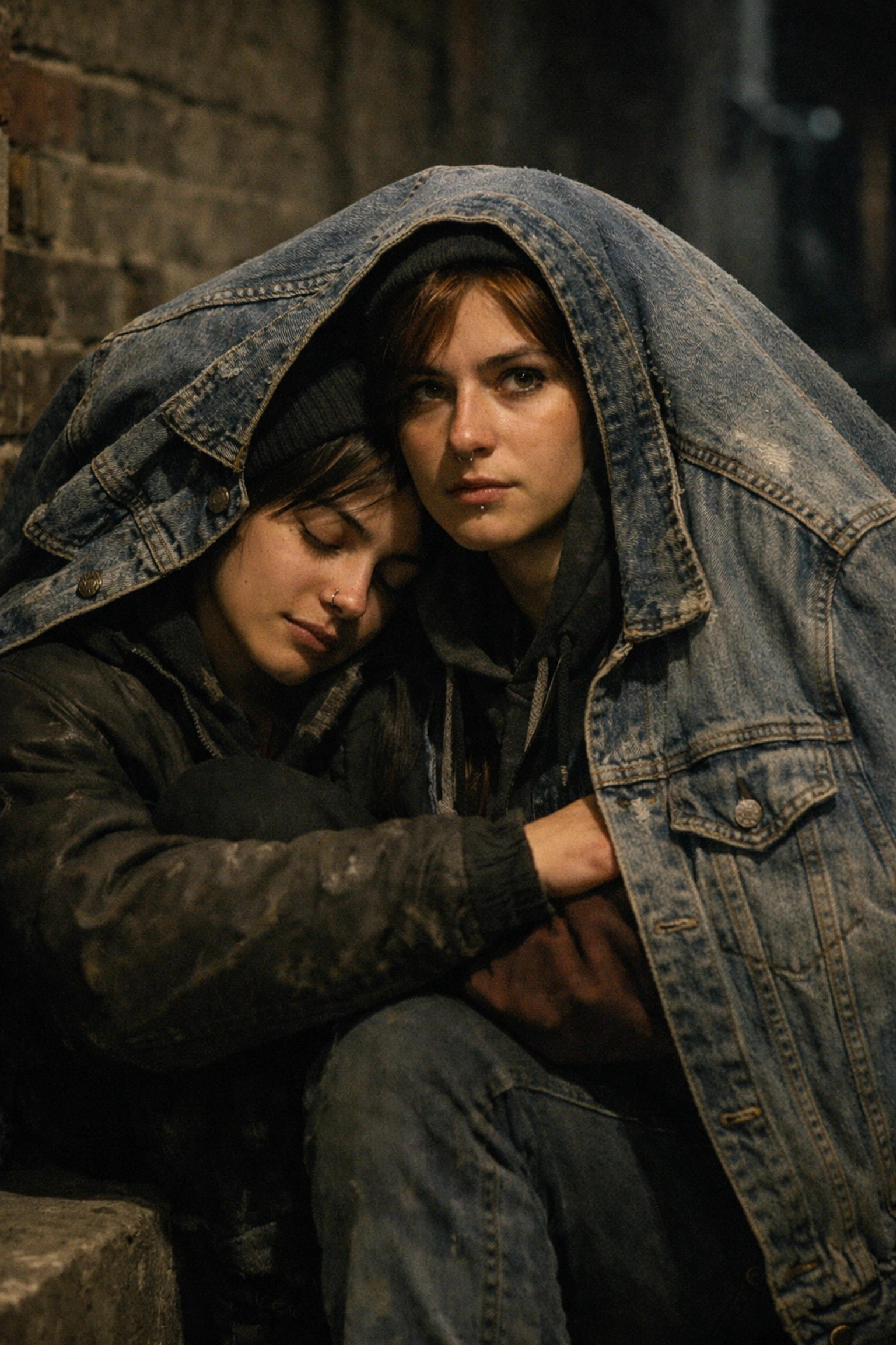 Two young lesbians huddled together for warmth in an alley, illustrating the resilience of homeless LGBTQ+ youth.