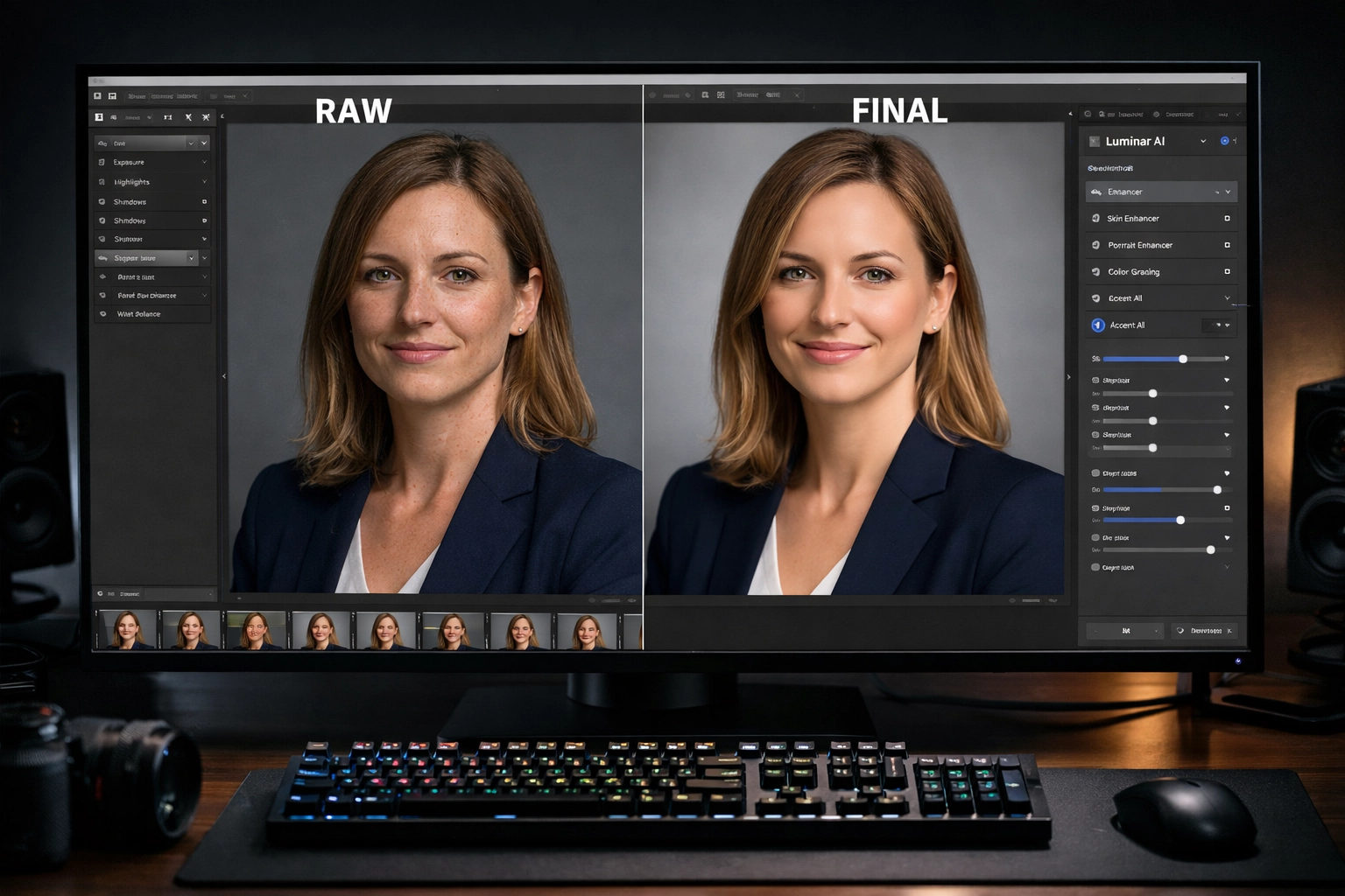 Before and after editing results showing professional corporate headshot tips in post-production.