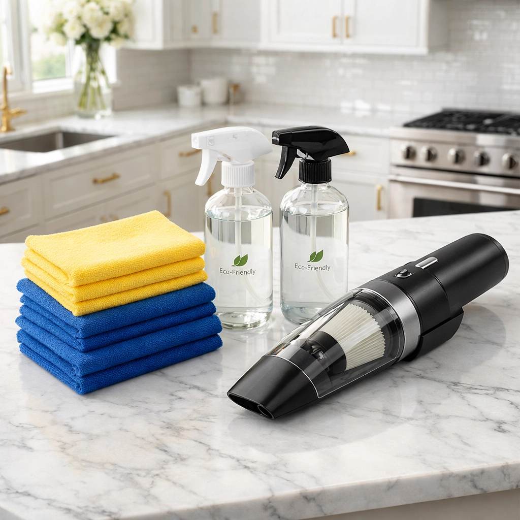 Eco-friendly post-construction cleaning kit with HEPA vacuum and microfiber cloths in a new kitchen.