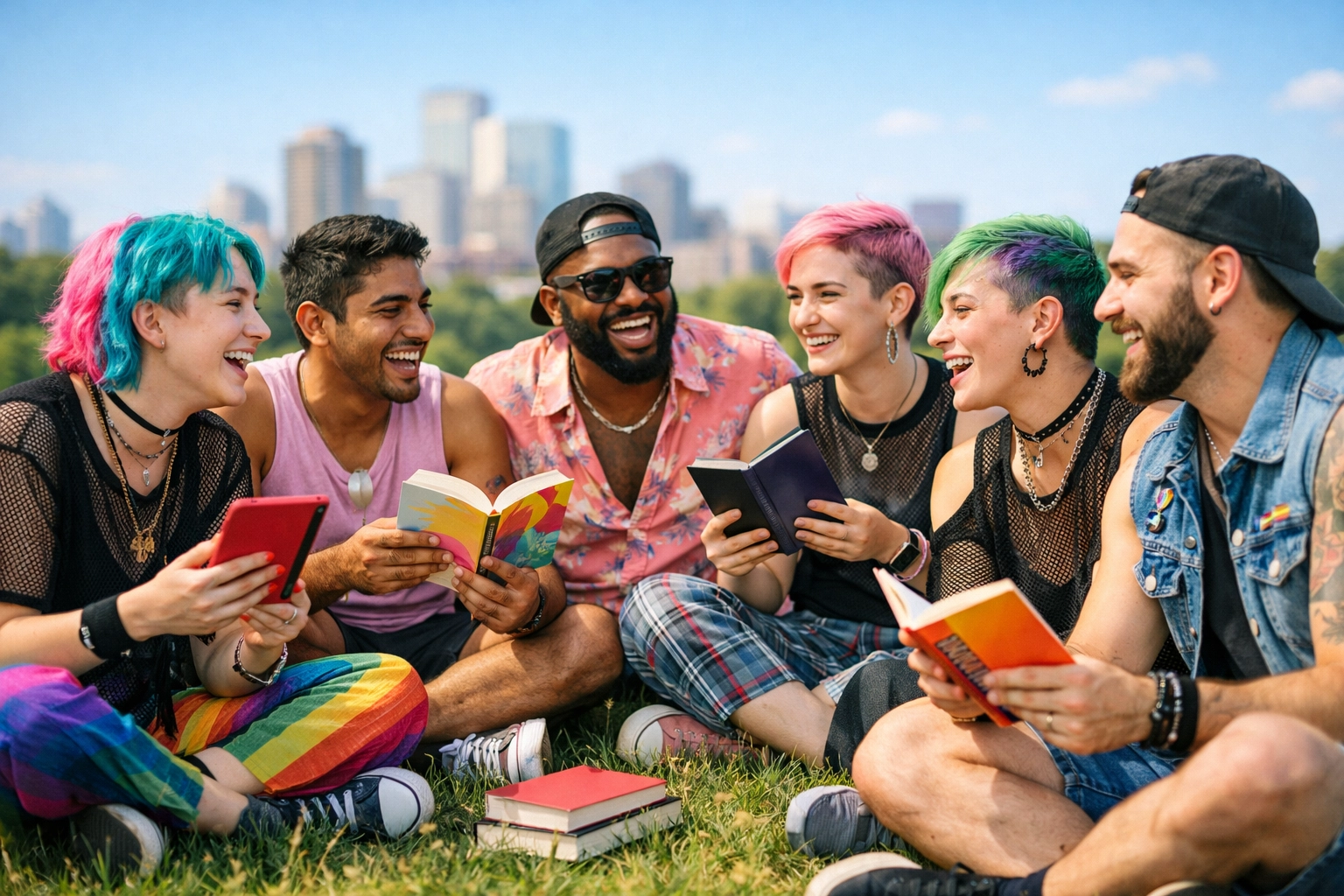 A diverse group of LGBTQ+ friends enjoying an outdoor book club meeting and discussing queer fiction.