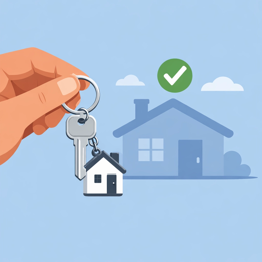 Llave de casa nueva y marca de aprobación de crédito para comprar casa con éxito.