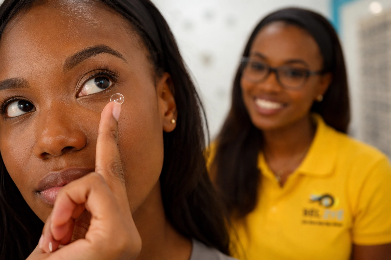 contact lenses Saint Lucia - close-up patient inserting contact lens with Kym Charles guiding in background