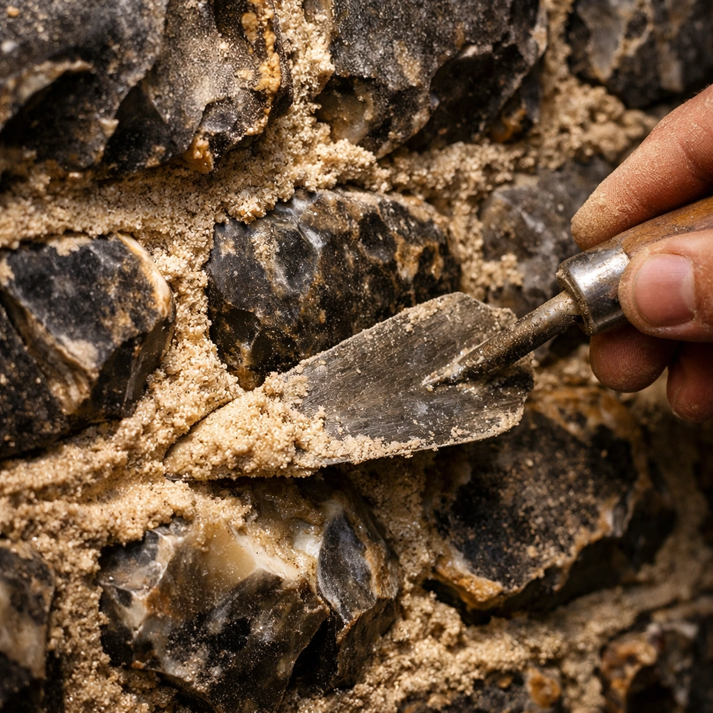 Traditional Sussex flint wall being repointed with authentic lime mortar for historic property maintenance.