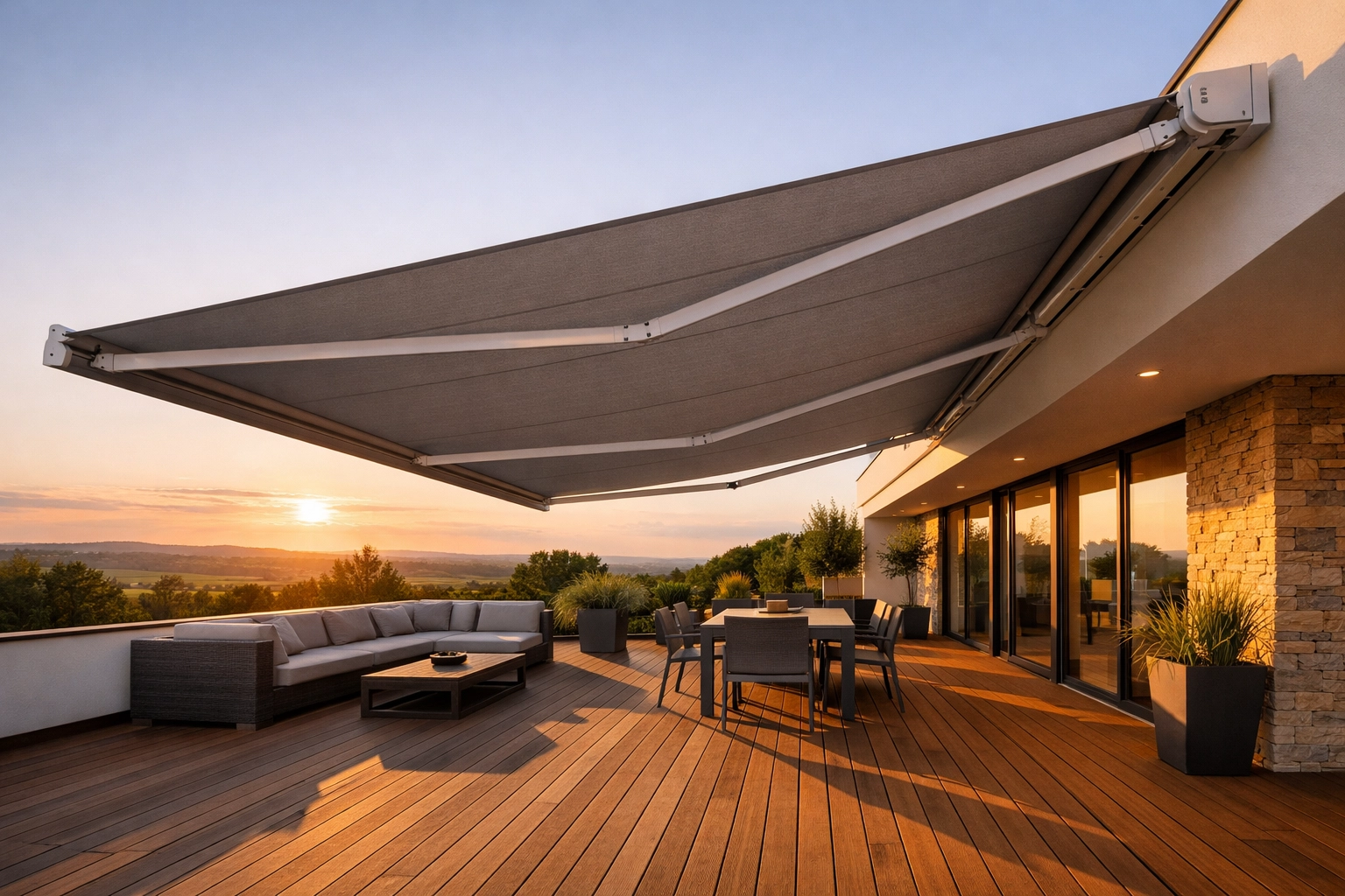 Ausgefahrene Gelenkarmmarkise als Sonnenschutz auf einer Terrasse in Niederösterreich.