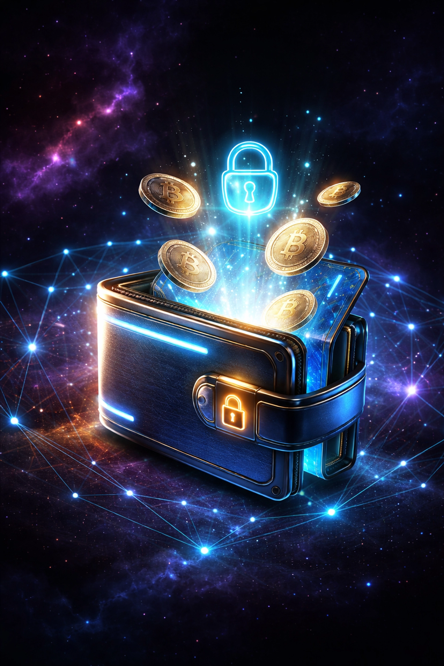 A futuristic digital wallet in space highlighting Larecoin Smart Wallet self-custody and secure crypto payments.