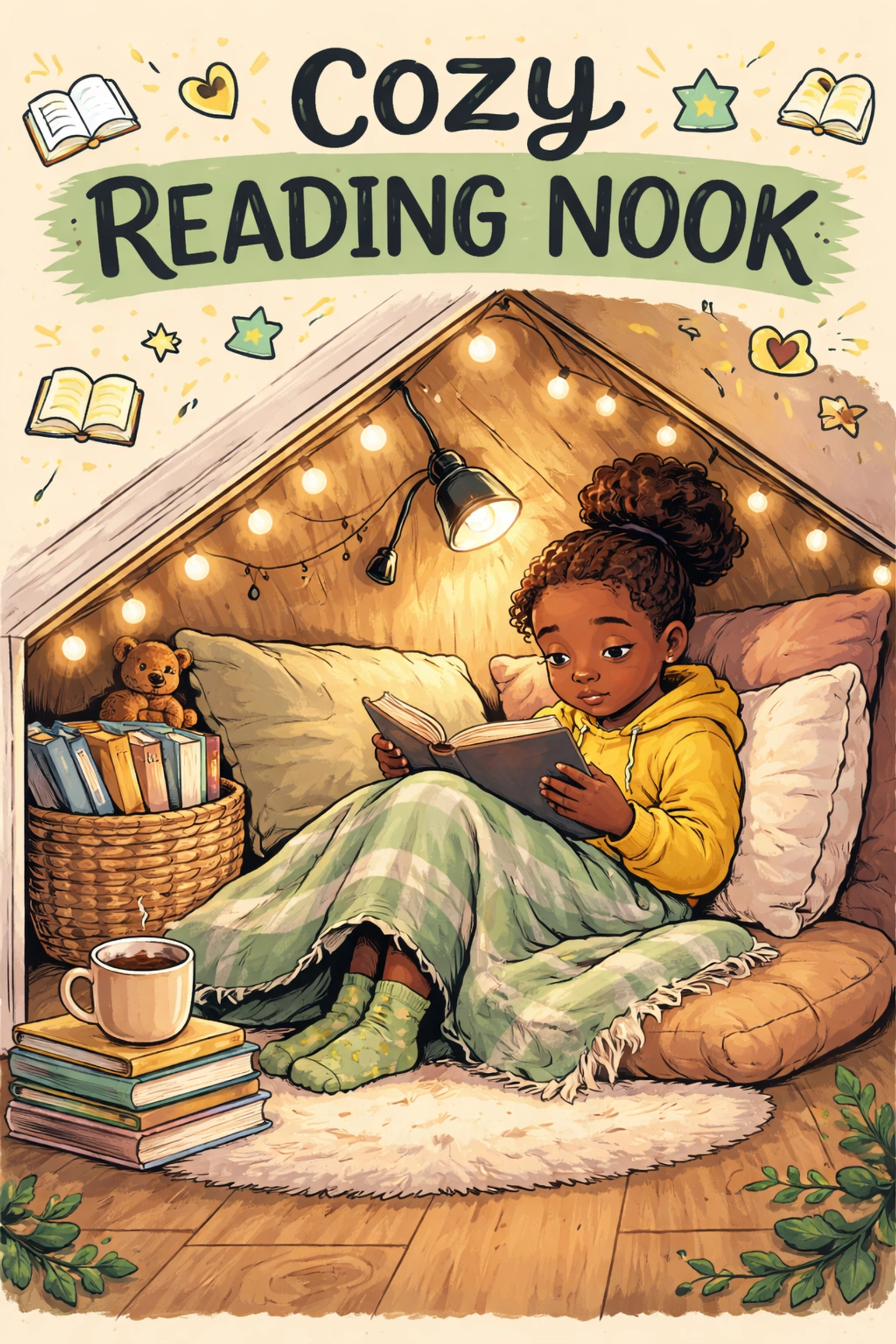Black boy nestled in an under-stairs reading nook with books, cushions, and string lights, demonstrating creative, cozy literacy spaces for kids.