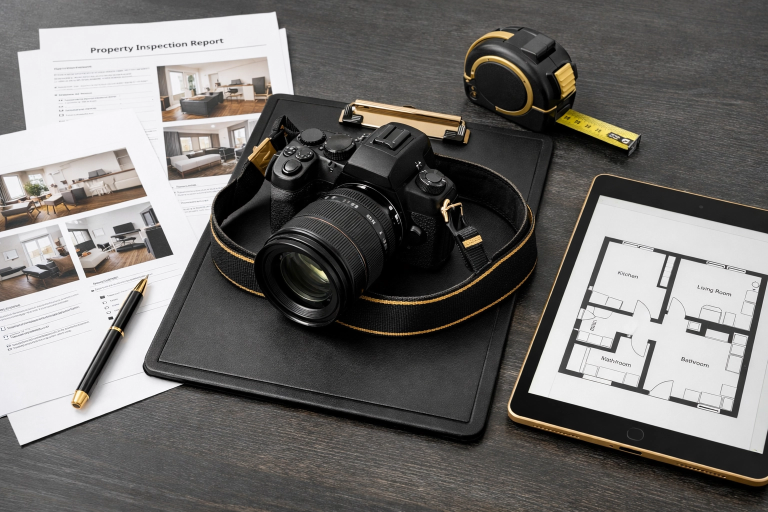 Professional property inventory clerk equipment including camera and inspection reports