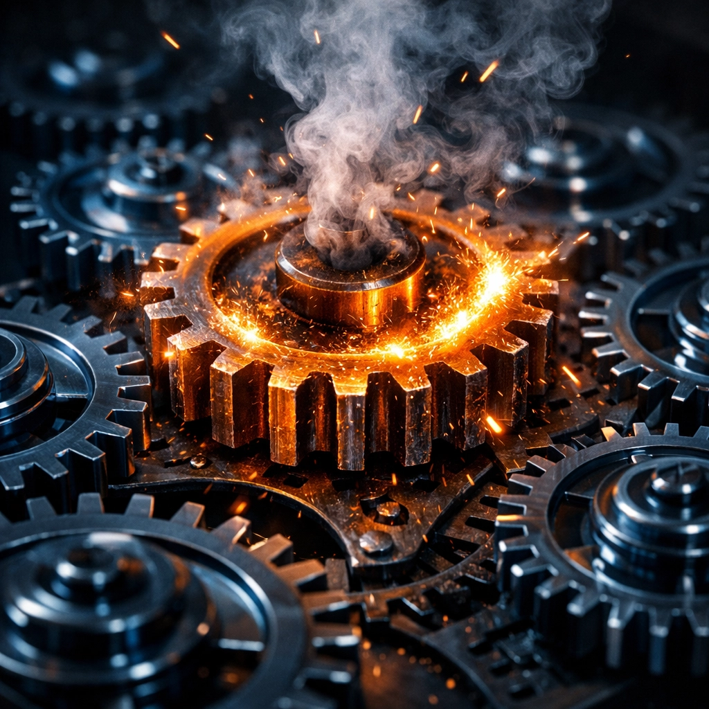 A jammed central gear halting a clockwork mechanism, illustrating a business owner bottleneck.