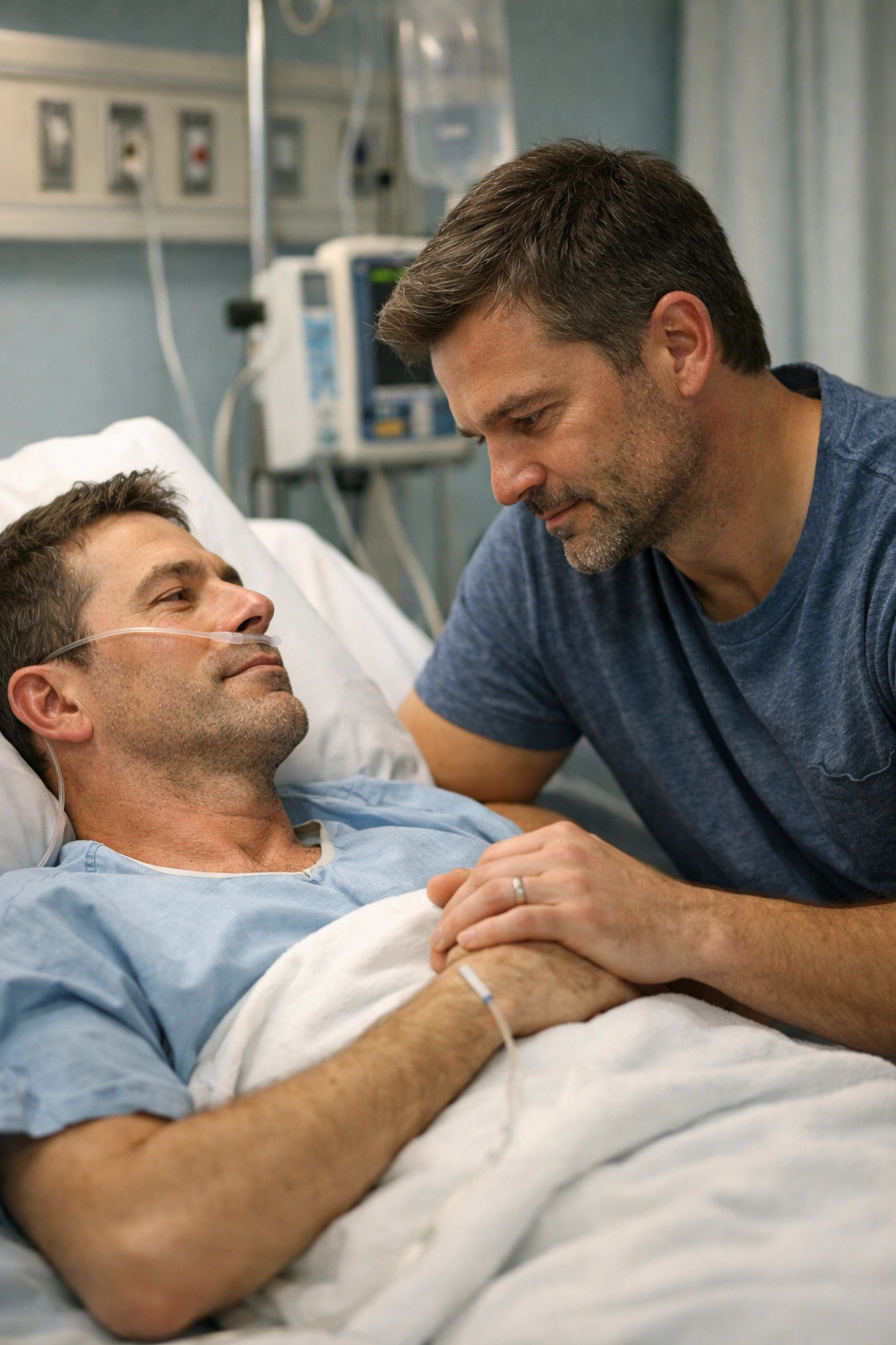 Gay husband comforting partner during hospital stay and health crisis