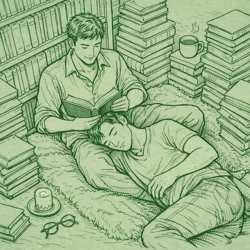 A gay couple reading together in a cozy library, symbolizing the safety found in LGBTQ+ romance novels.