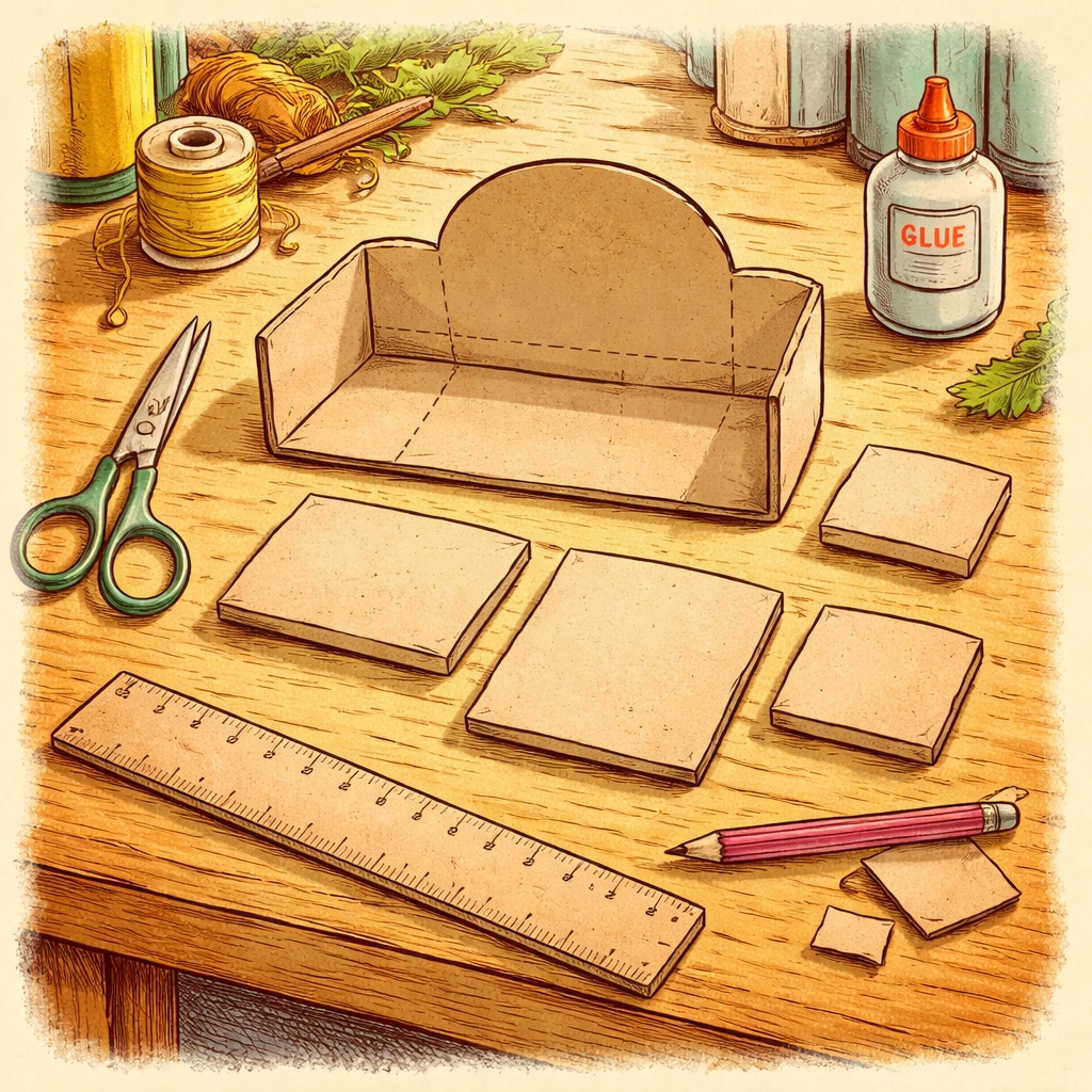 Overhead view of cardboard pieces, scissors, ruler, and glue ready for crafting a DIY toy moss sofa