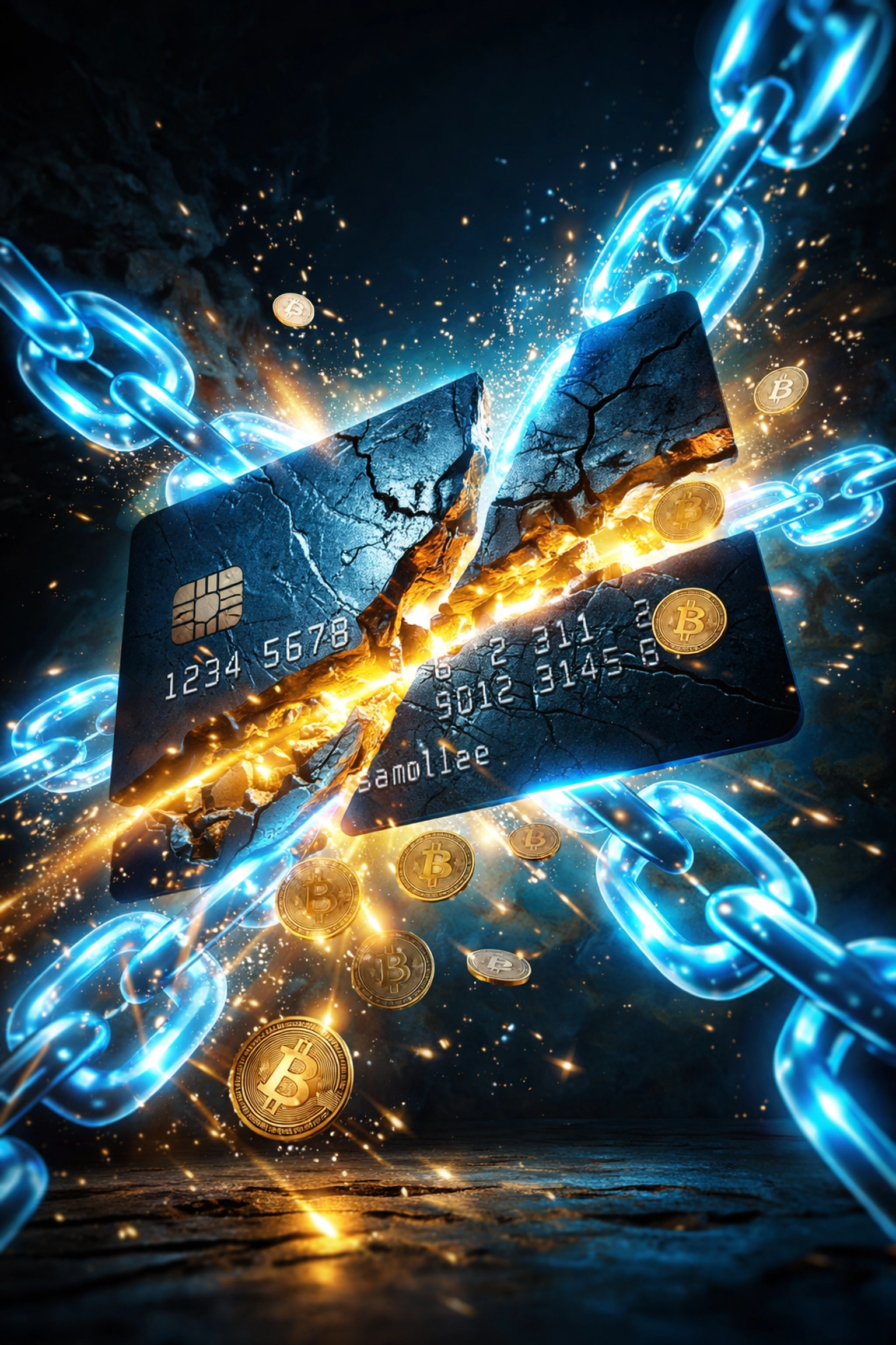 A credit card being broken by digital blockchain chains with crypto coins, symbolizing how crypto POS systems disrupt costly payment fees.