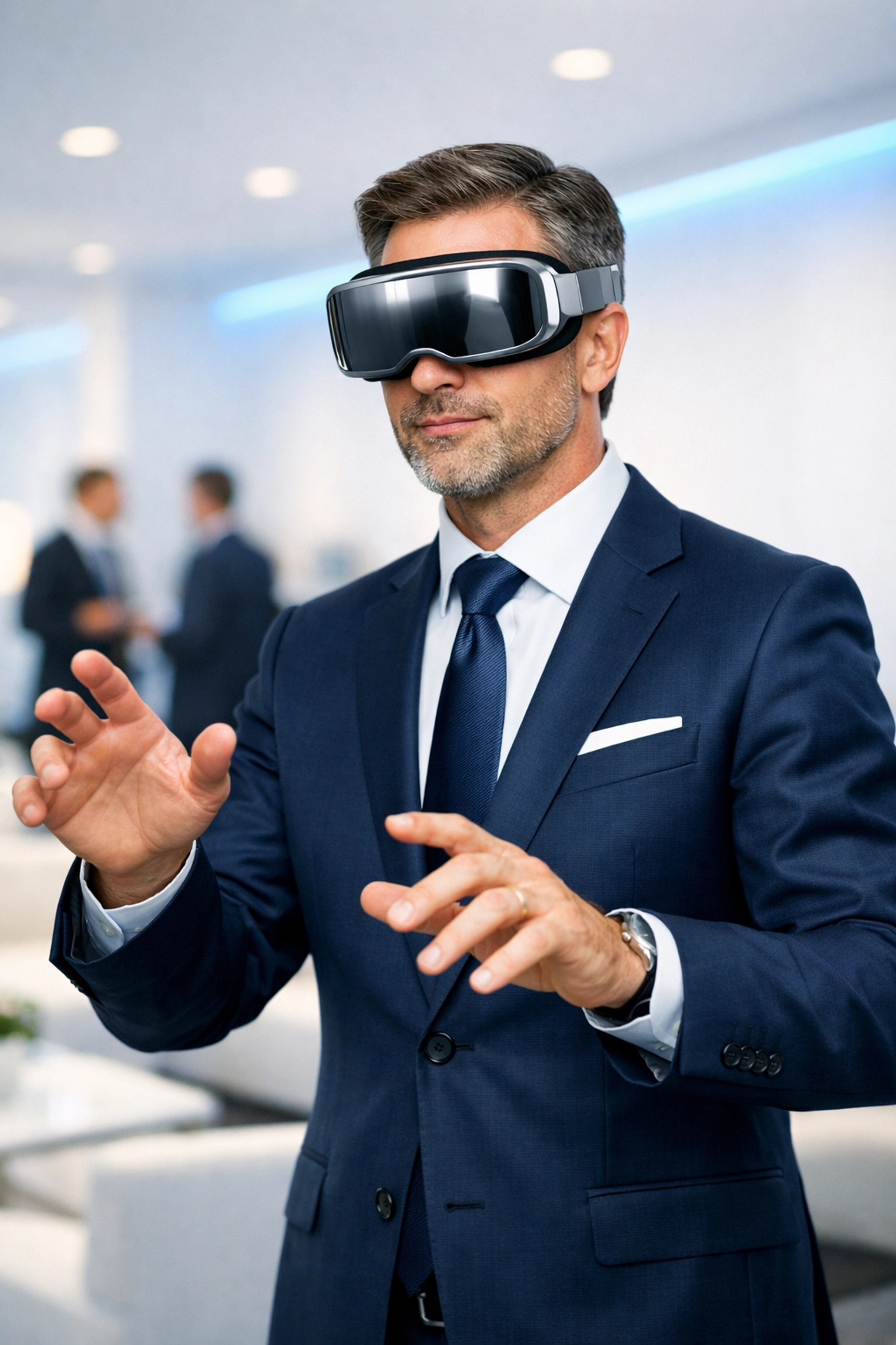 A corporate executive using a high-tech VR headset for an immersive Super Bowl brand experience.