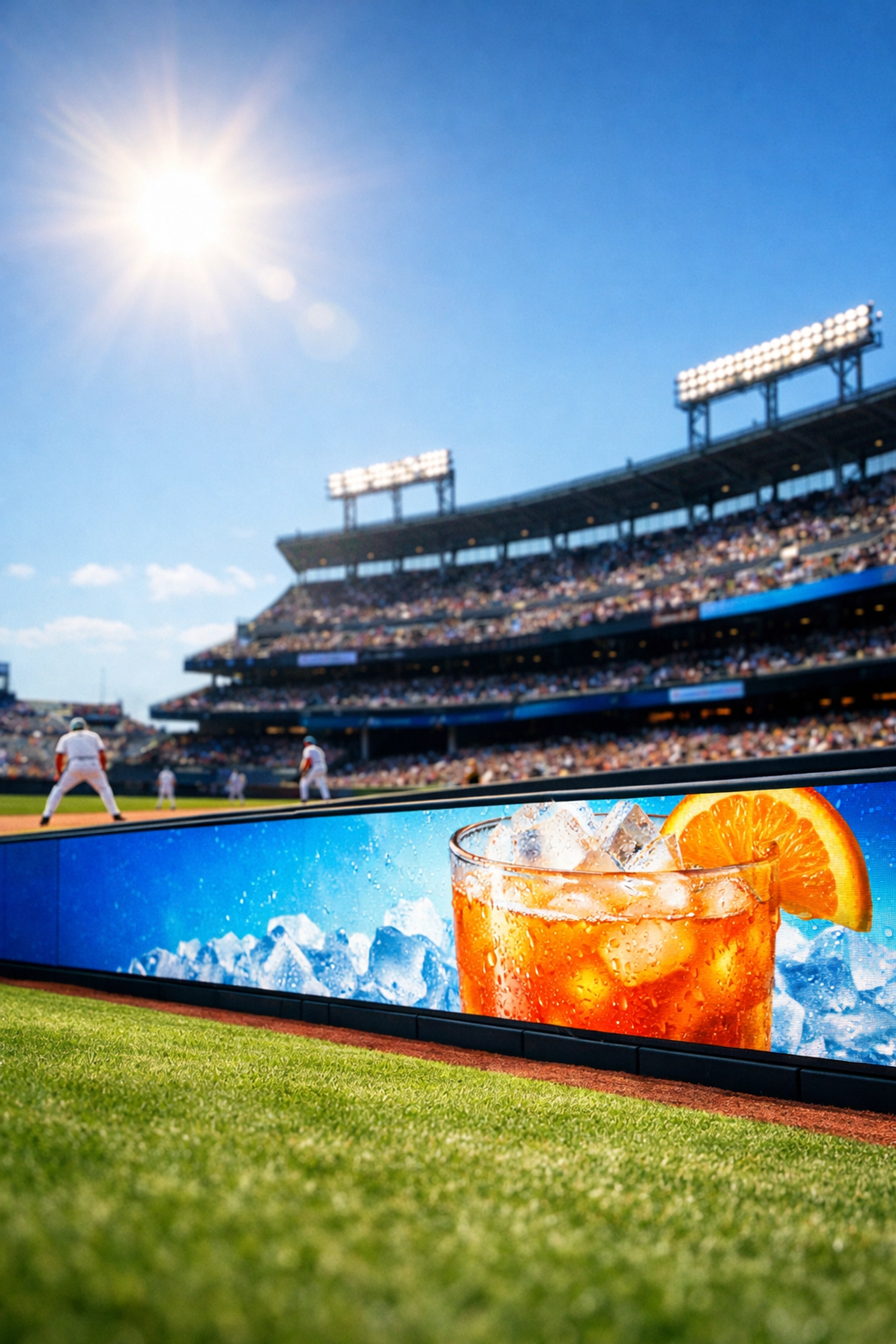 Contextual digital out of home advertisement on a baseball stadium perimeter board during a game.