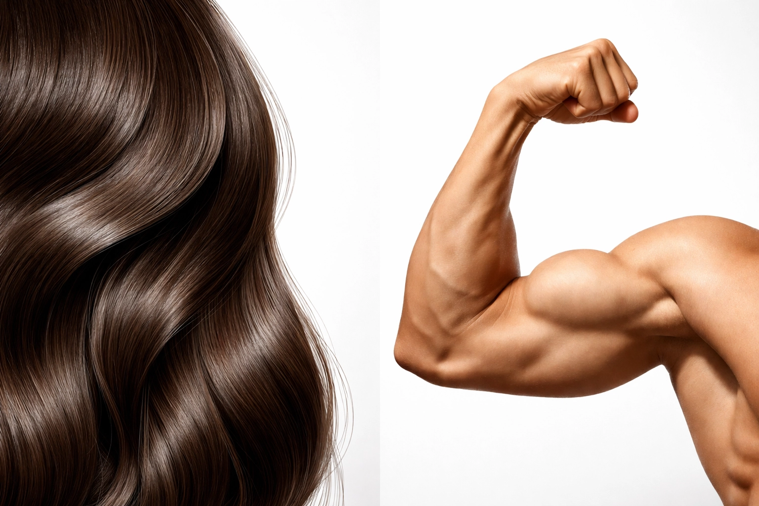 Split image of healthy hair strands versus flexed muscular arm, showing DHT benefits and risks
