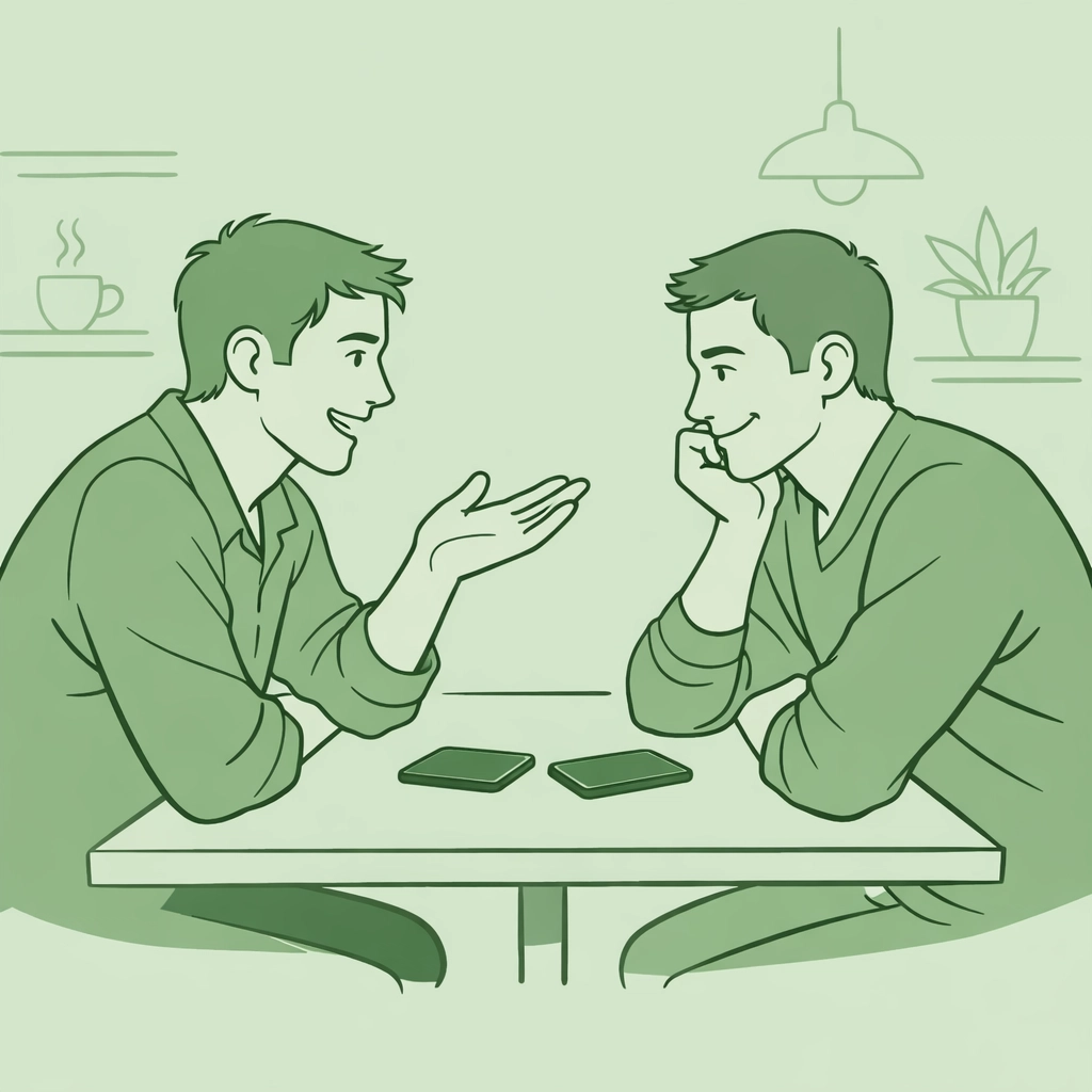 Two gay men connecting in person over coffee, phones aside, finding genuine conversation beyond dating apps