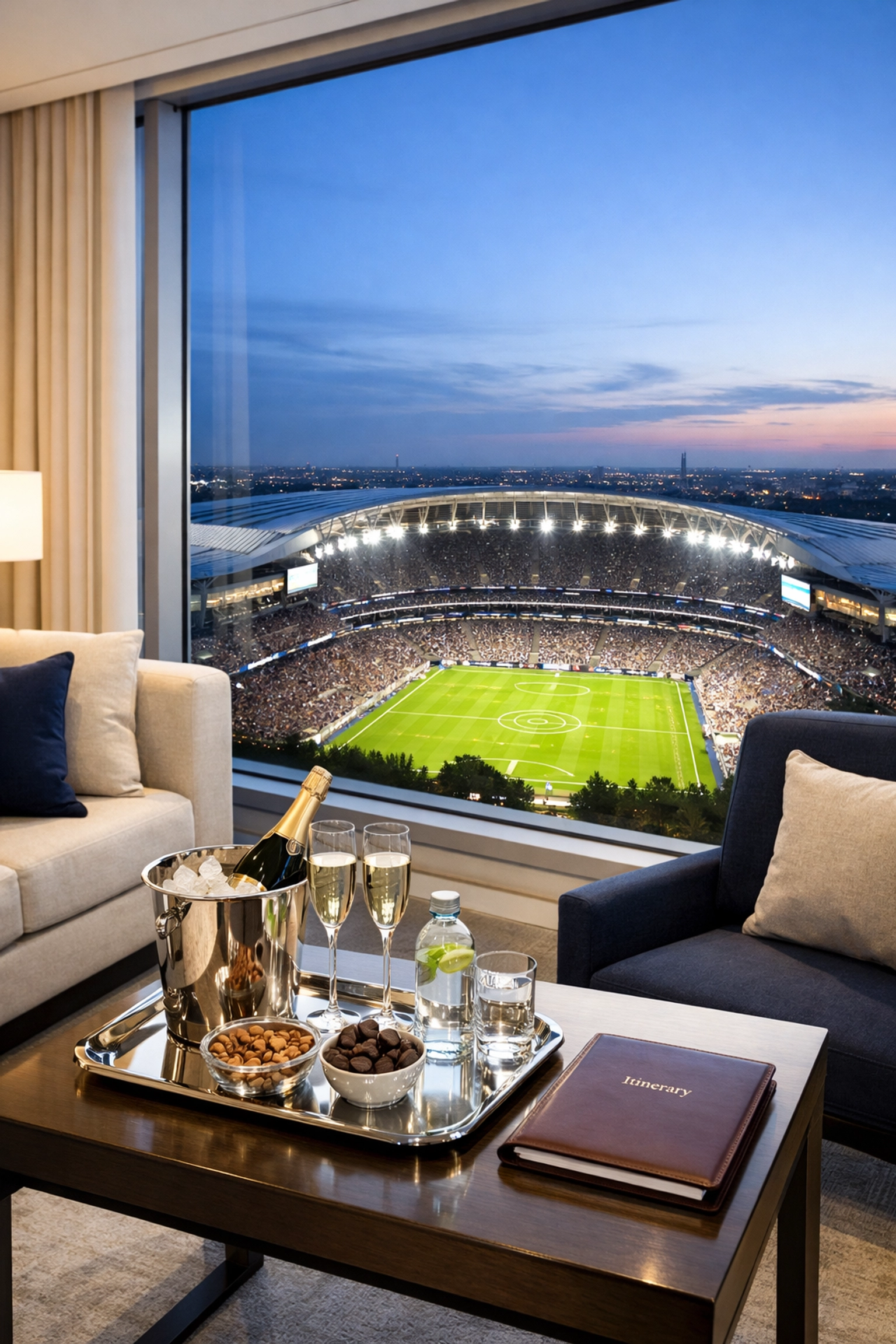 Luxury hotel suite with a direct stadium view for high-stakes corporate Super Bowl travel programs.