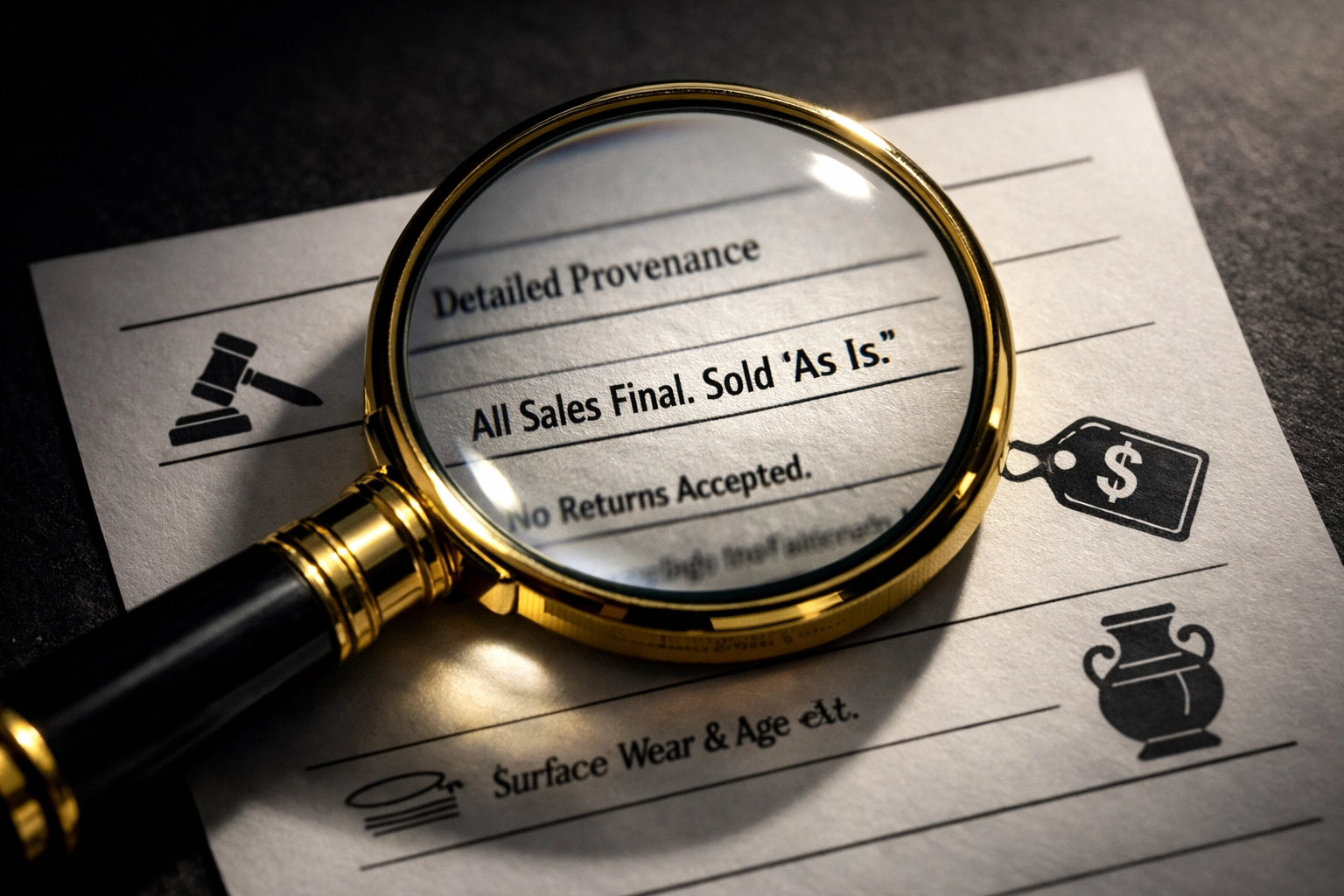 Magnifying glass examining auction item description and terms in catalog