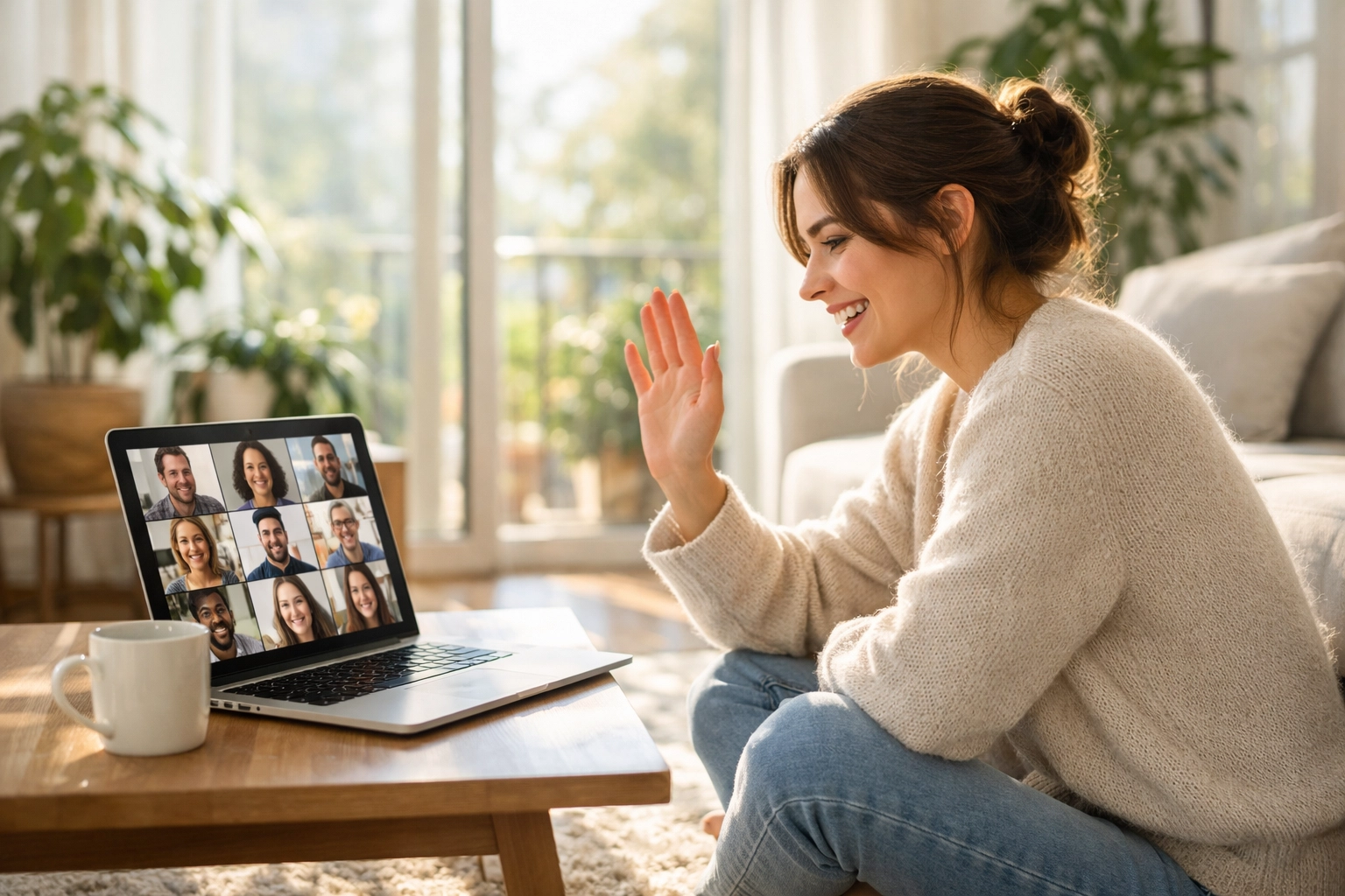 A woman joins a diverse digital small group via video call for online spiritual community and growth.