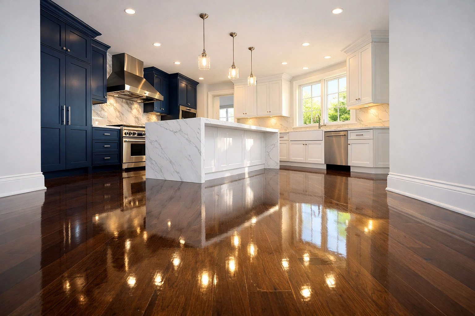 Pristine move-out cleaning results in a Harvard kitchen with polished hardwood floors and marble counters.