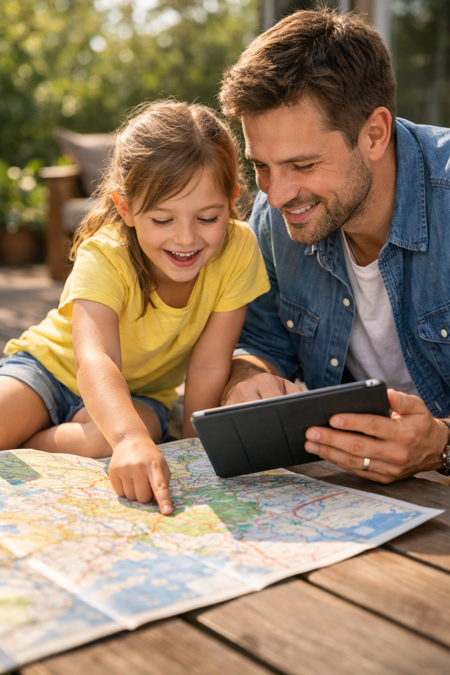 A father and daughter planning their family travel adventure using a map and tablet on a sunny deck.
