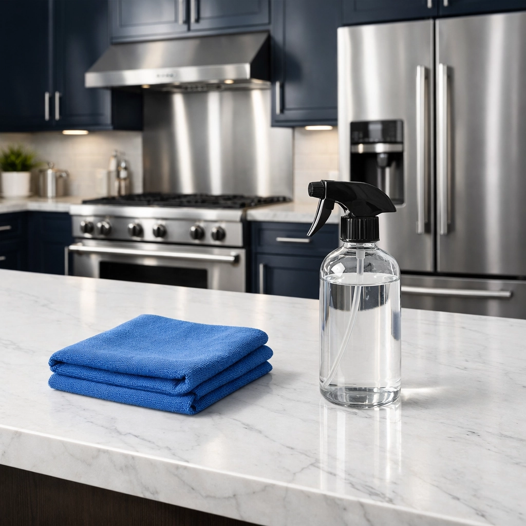 Sparkling kitchen island and shiny appliances in an Ashby home handled by professional cleaners.