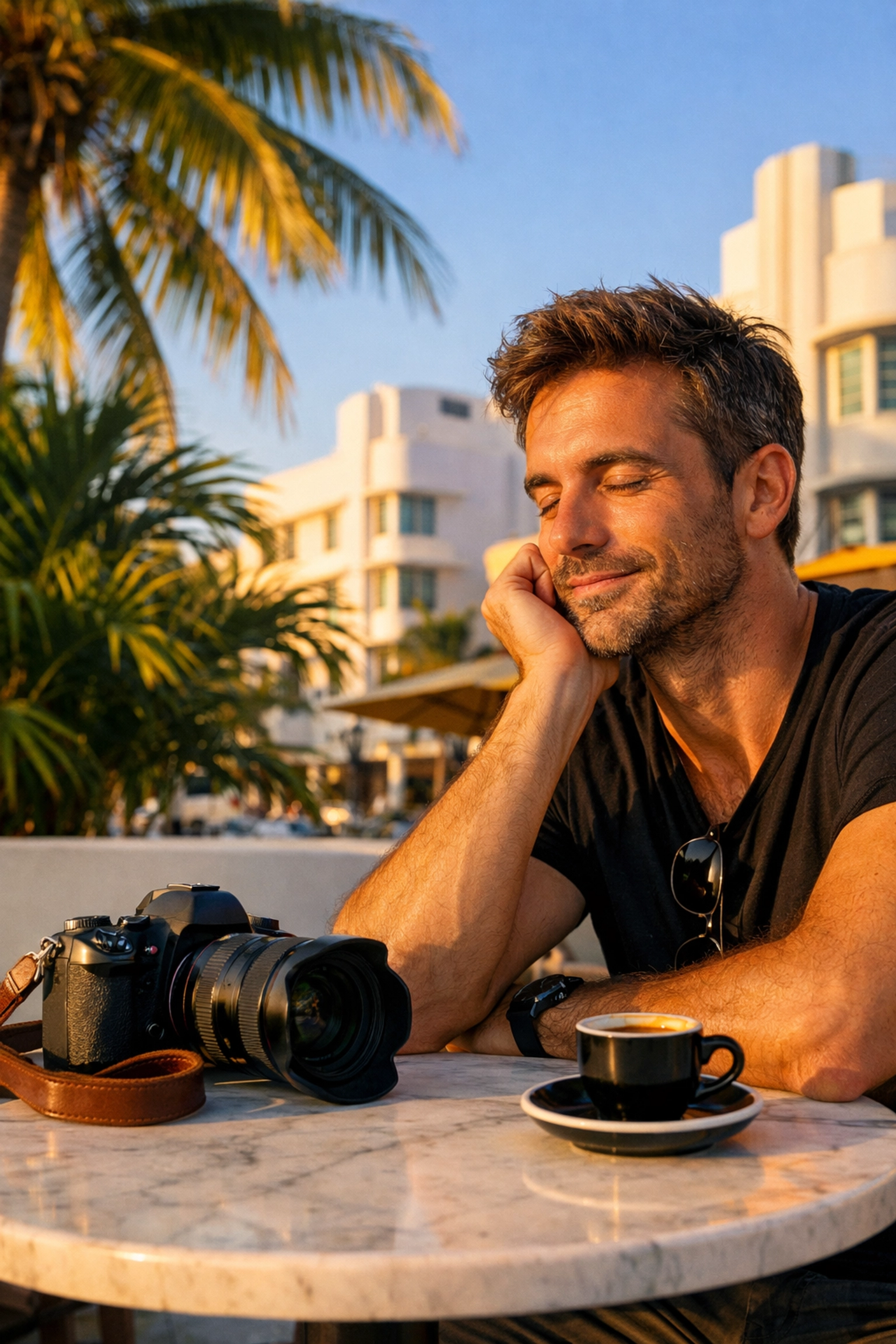 Professional camera for fine art photography Miami resting at a local cafe in the Art Deco District.