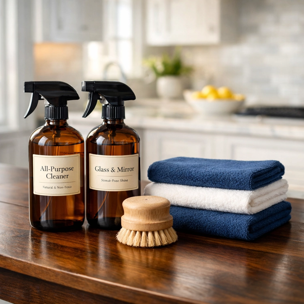 Eco-friendly cleaning supplies in a sunlit home for gentle residential cleaning in Marblehead historic properties.