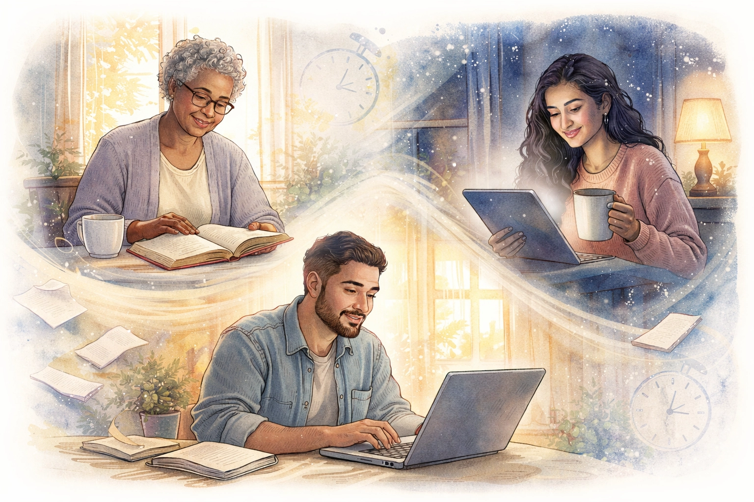 A diverse family engages in online Bible study and digital worship at different times, showing flexible faith resources.