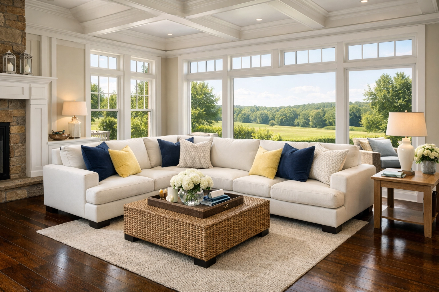 A sunlit, spotless living room in Dunstable MA illustrating the results of professional house cleaning services.