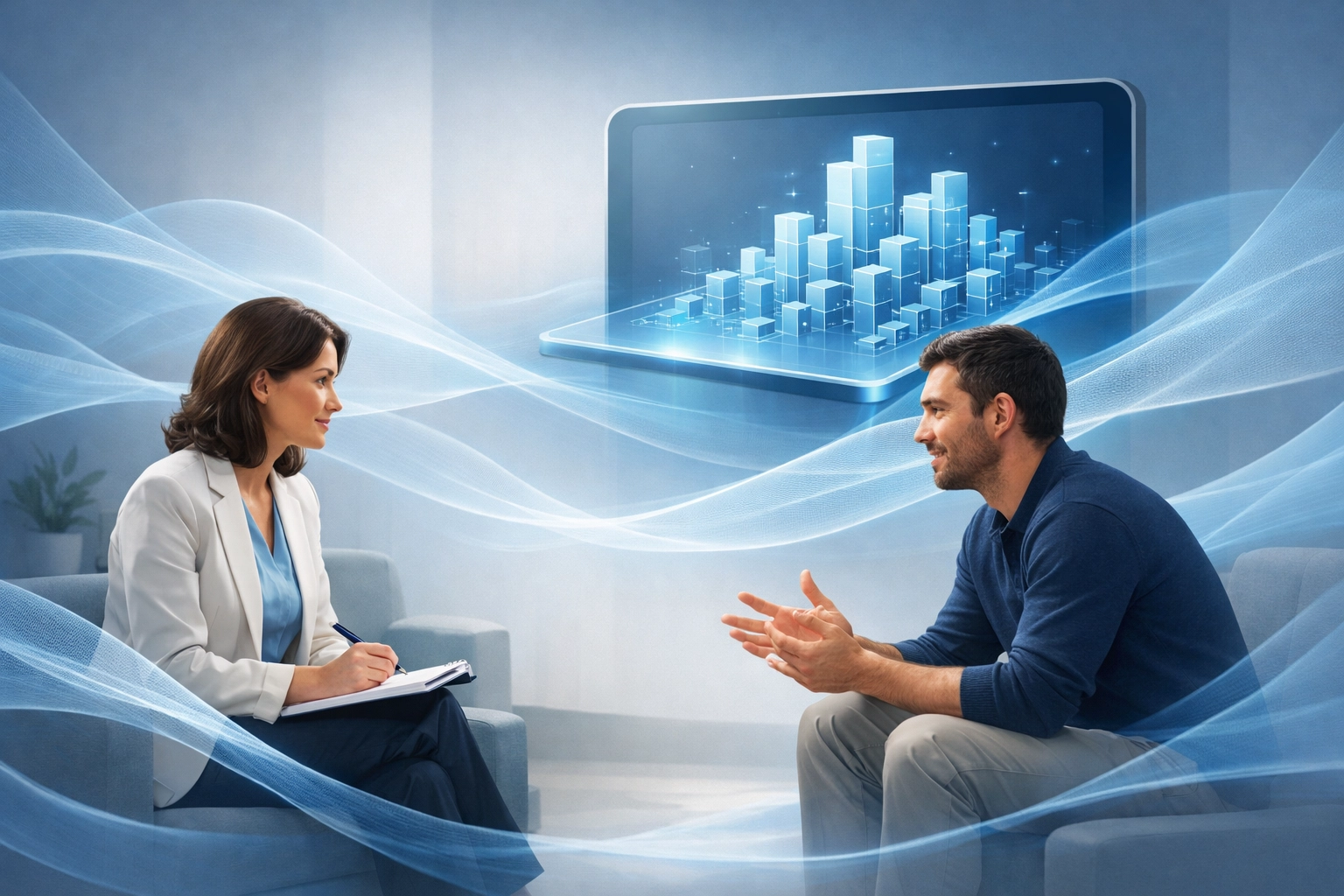 Digital illustration of Ambient AI capturing clinical notes while a physical therapist focuses on their patient.