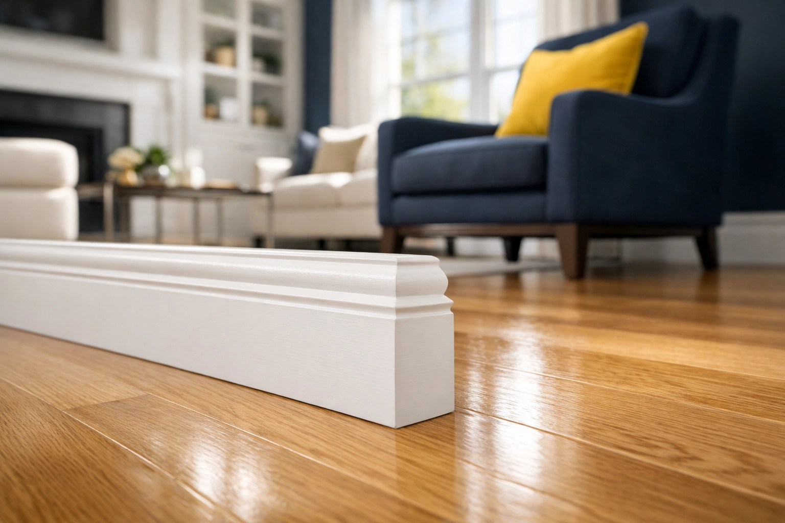 Pristine white baseboards and polished hardwood floors in a deep cleaned Leominster MA home.
