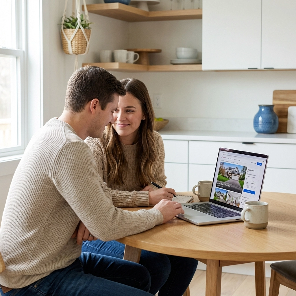 Young couple searching South Jersey home listings together in a bright kitchen, planning their real estate move