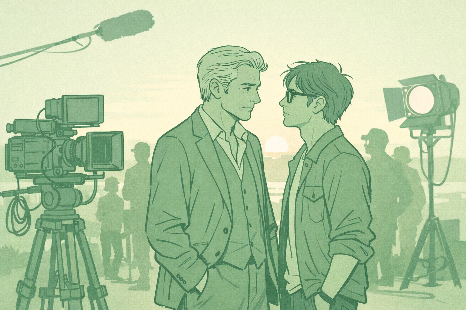 Silver-haired actor and screenwriter share moment of romantic tension on indie film set together