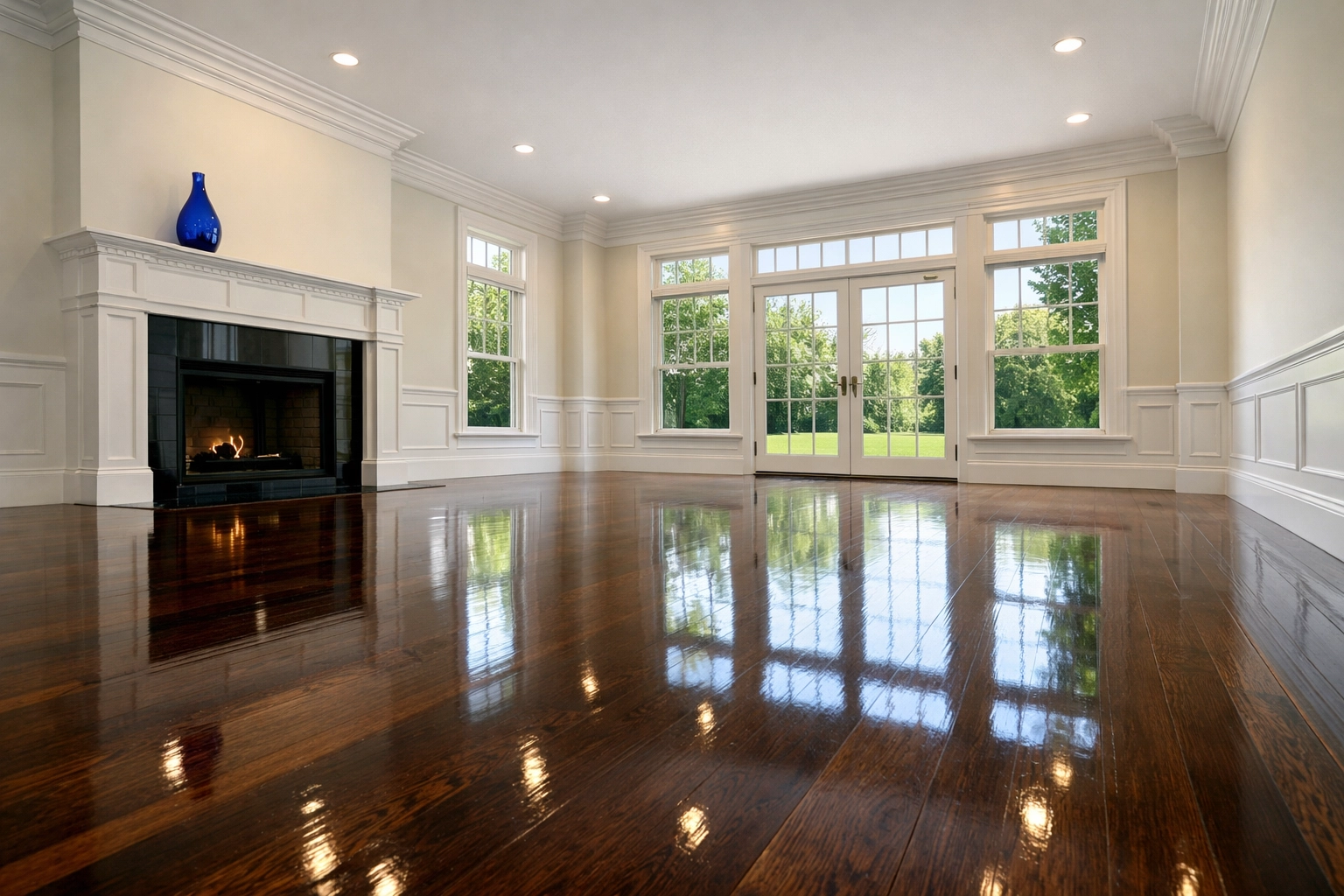 Polished hardwood floors in a luxury home following eco-friendly house cleaning Framingham MA move-out service.