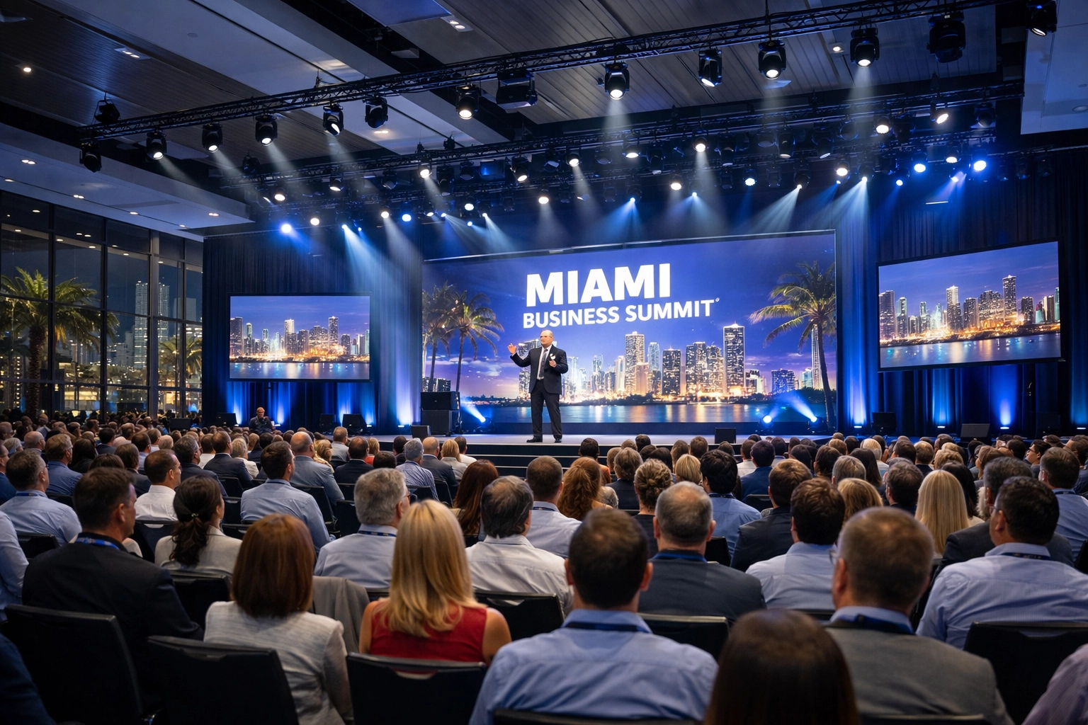 Corporate event photographer capturing a speaker on stage during a major Miami conference.