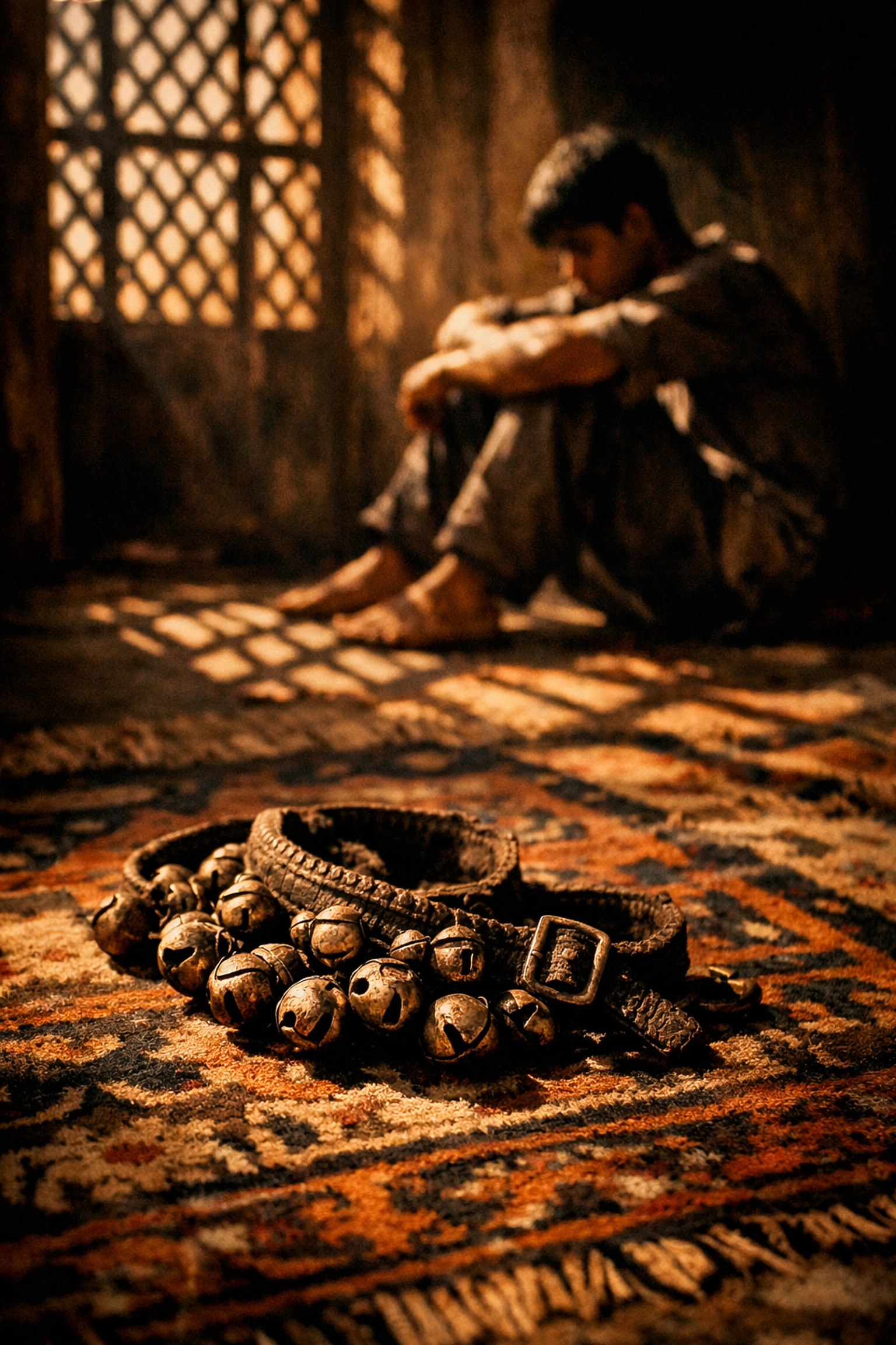 Dancing bells on a rug symbolizing the history and exploitation of Bacha Bazi in Afghanistan.